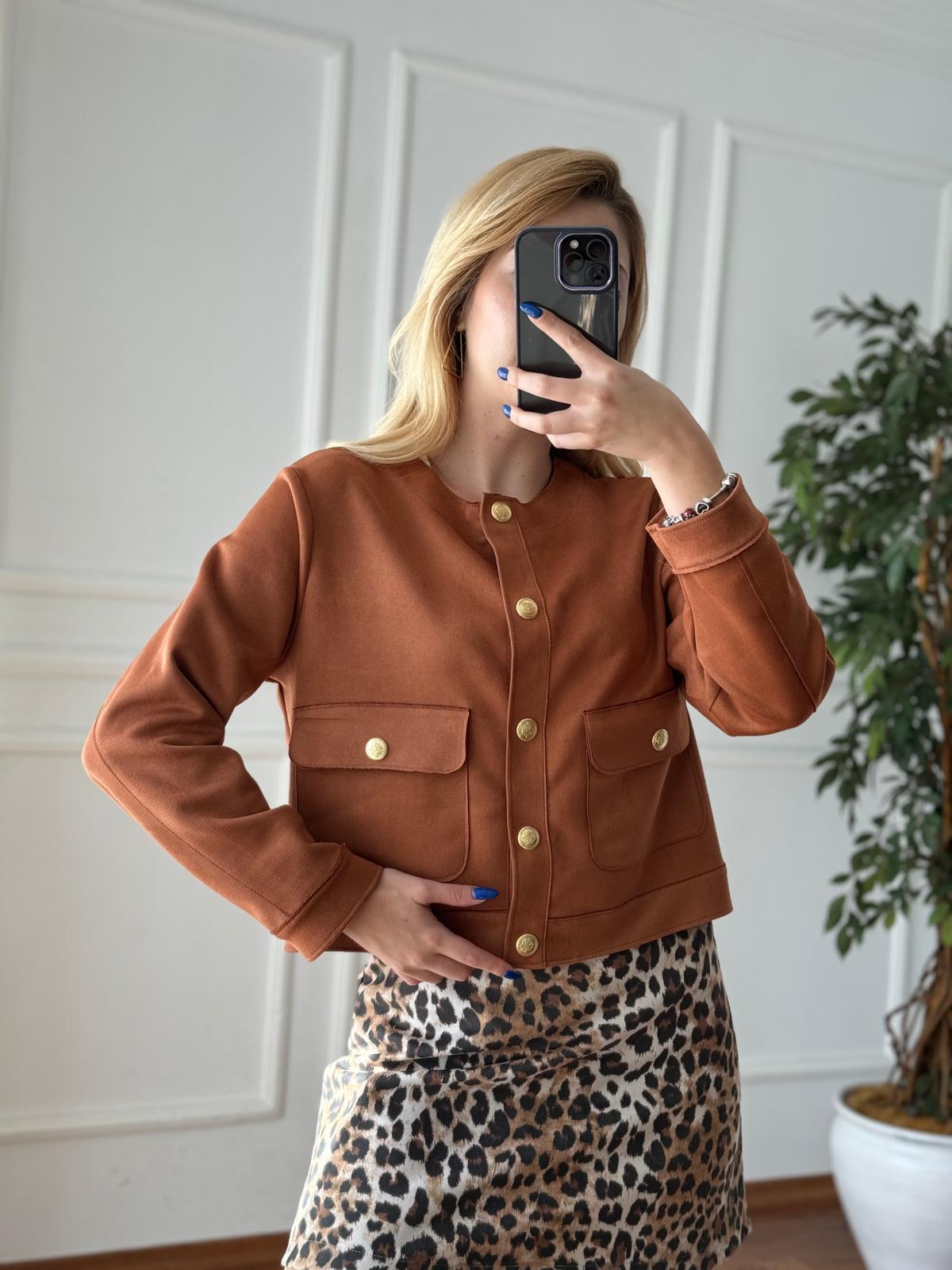 Gold Düğmeli Süet Ceket 24274 Taba