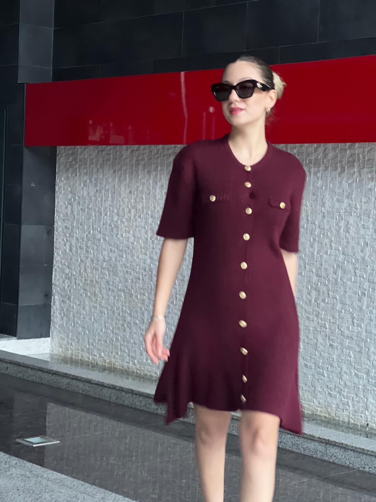 Gold Düğmeli Triko Elbise 240159 Bordo