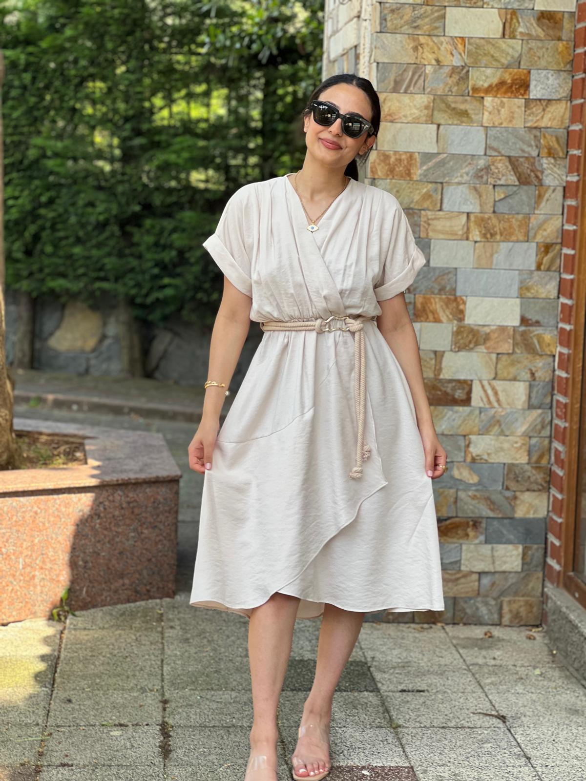 Halat Kemerli Elbise 105675 Bej