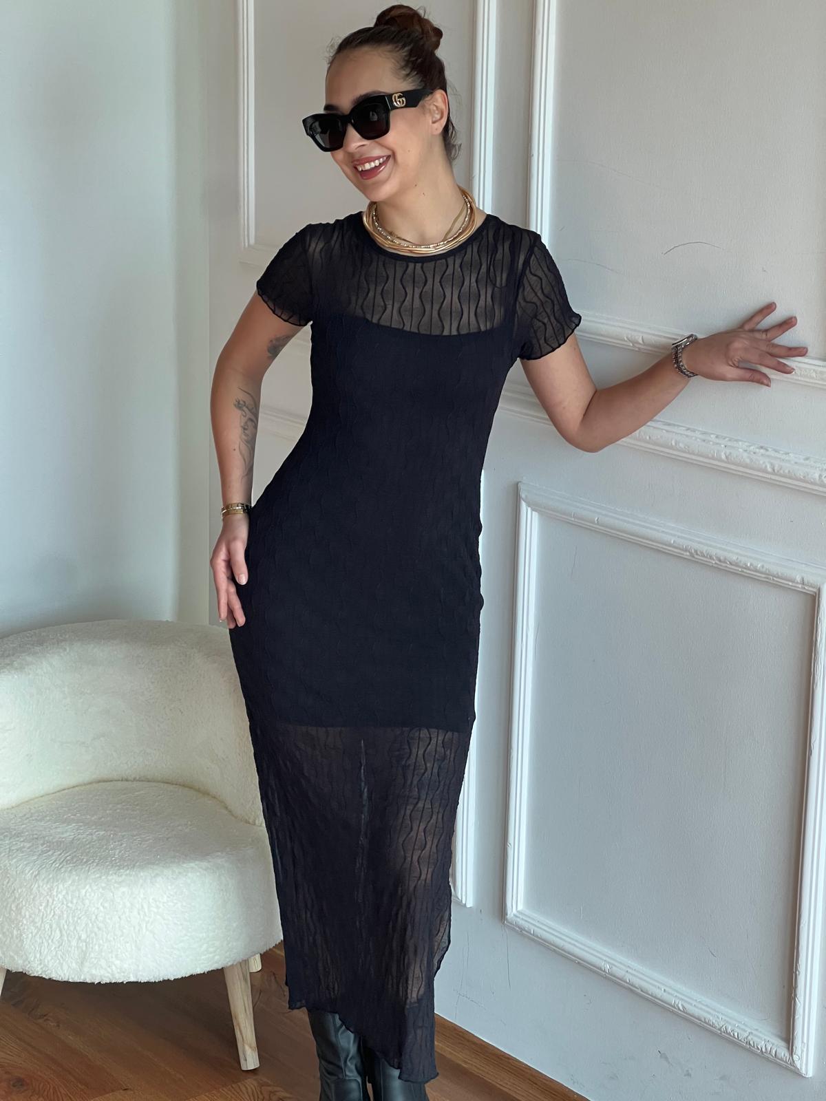 İçi Astarlı Tül Elbise 01839 Siyah
