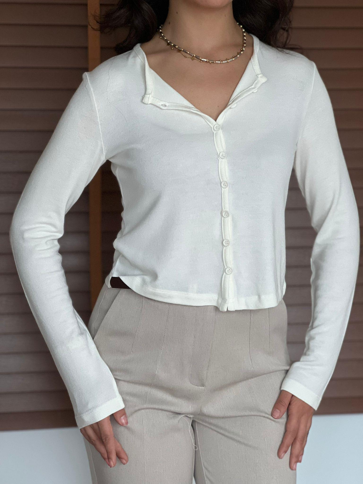 İnce Düğme Detaylı Hırka 31413 Ekru