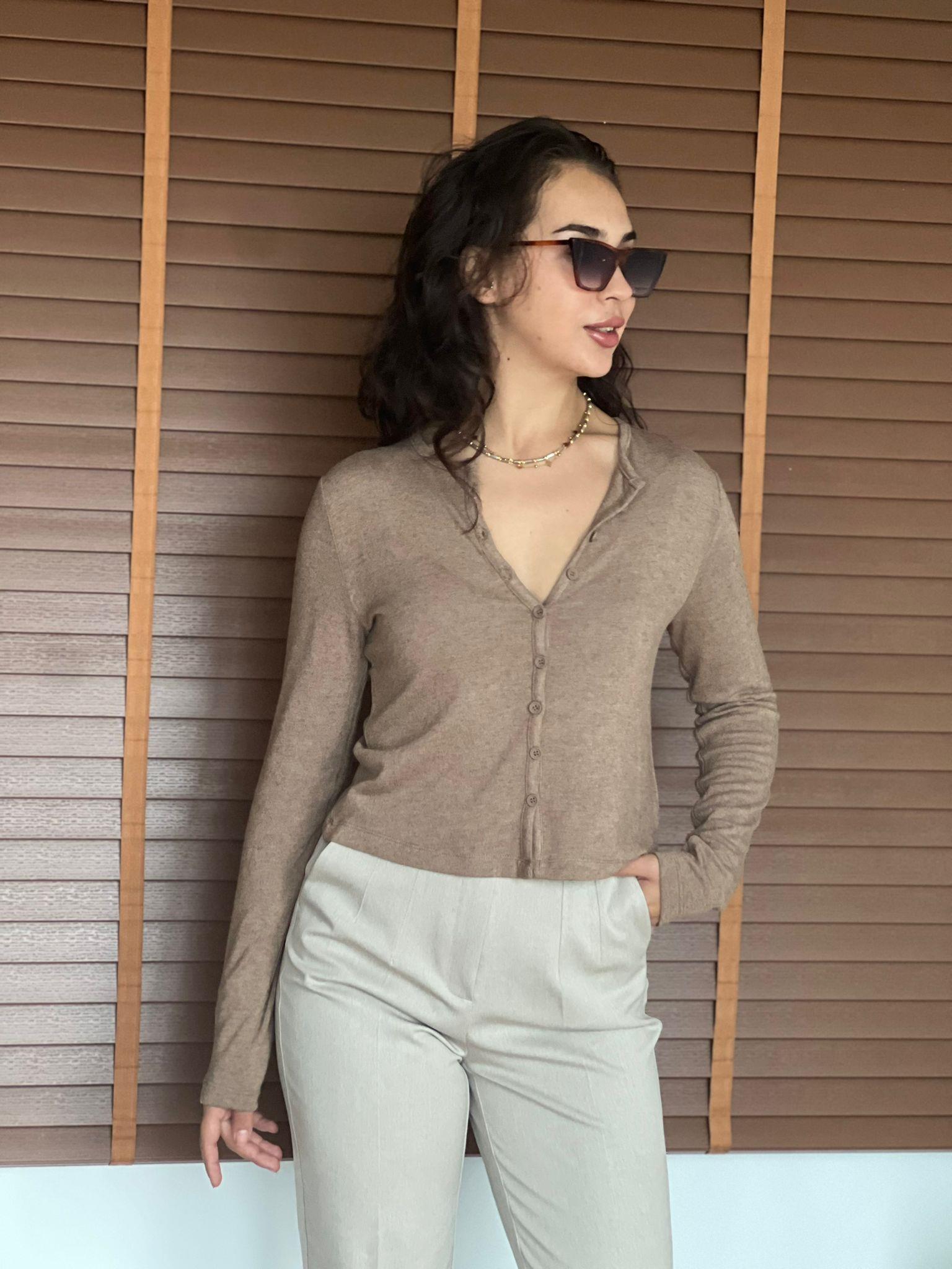 İnce Düğme Detaylı Hırka 31413 Vizon