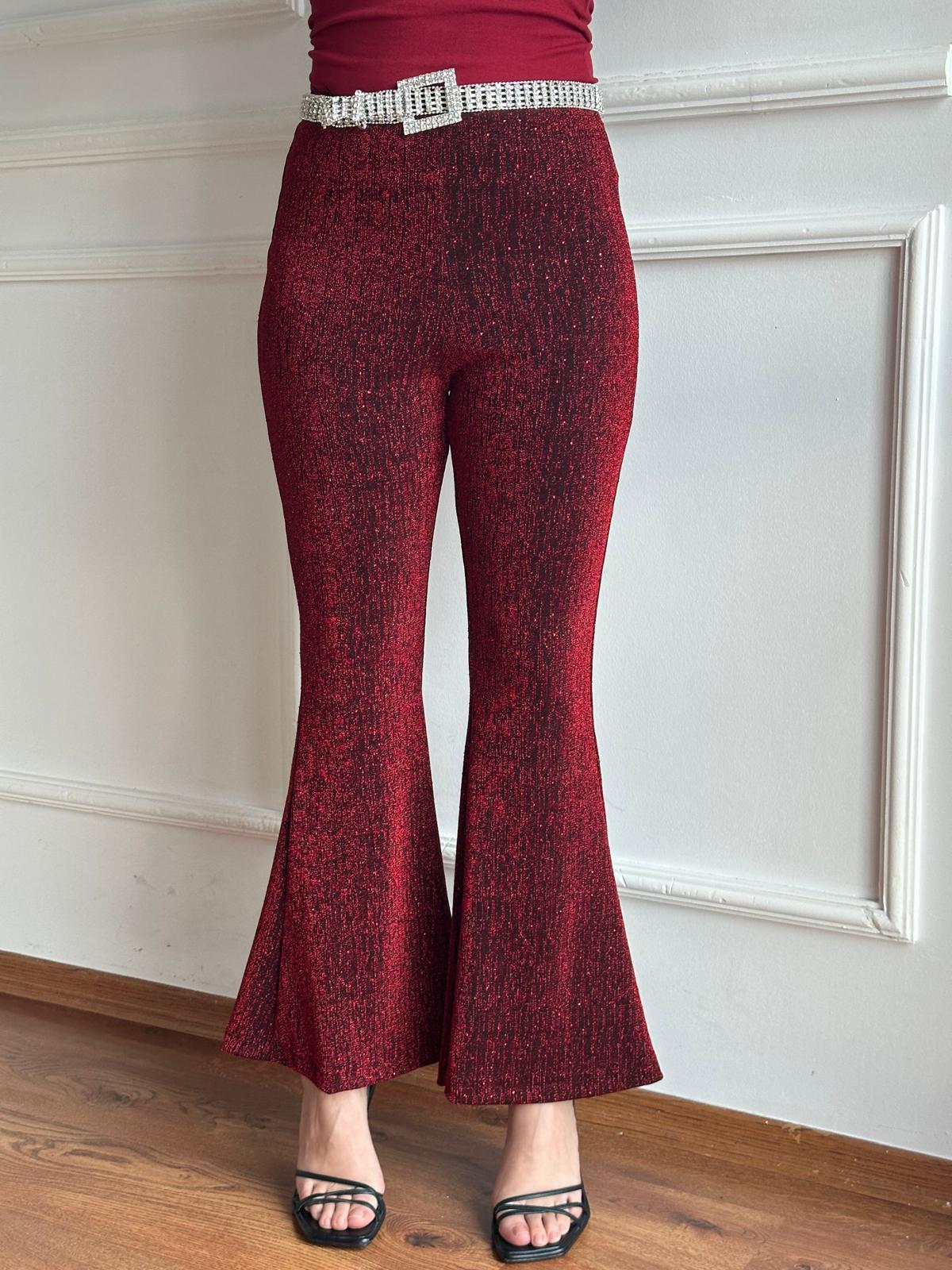 İspnayol Paça Simli Pantolon 29417 Bordo