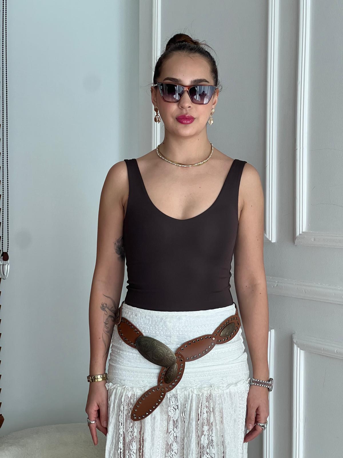 Kalın Askılı Bodysuit 01075 Kahverengi