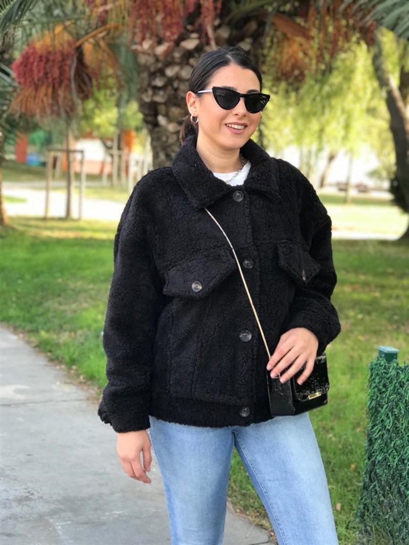 Kapaklı Peluş Mont 6815 Siyah