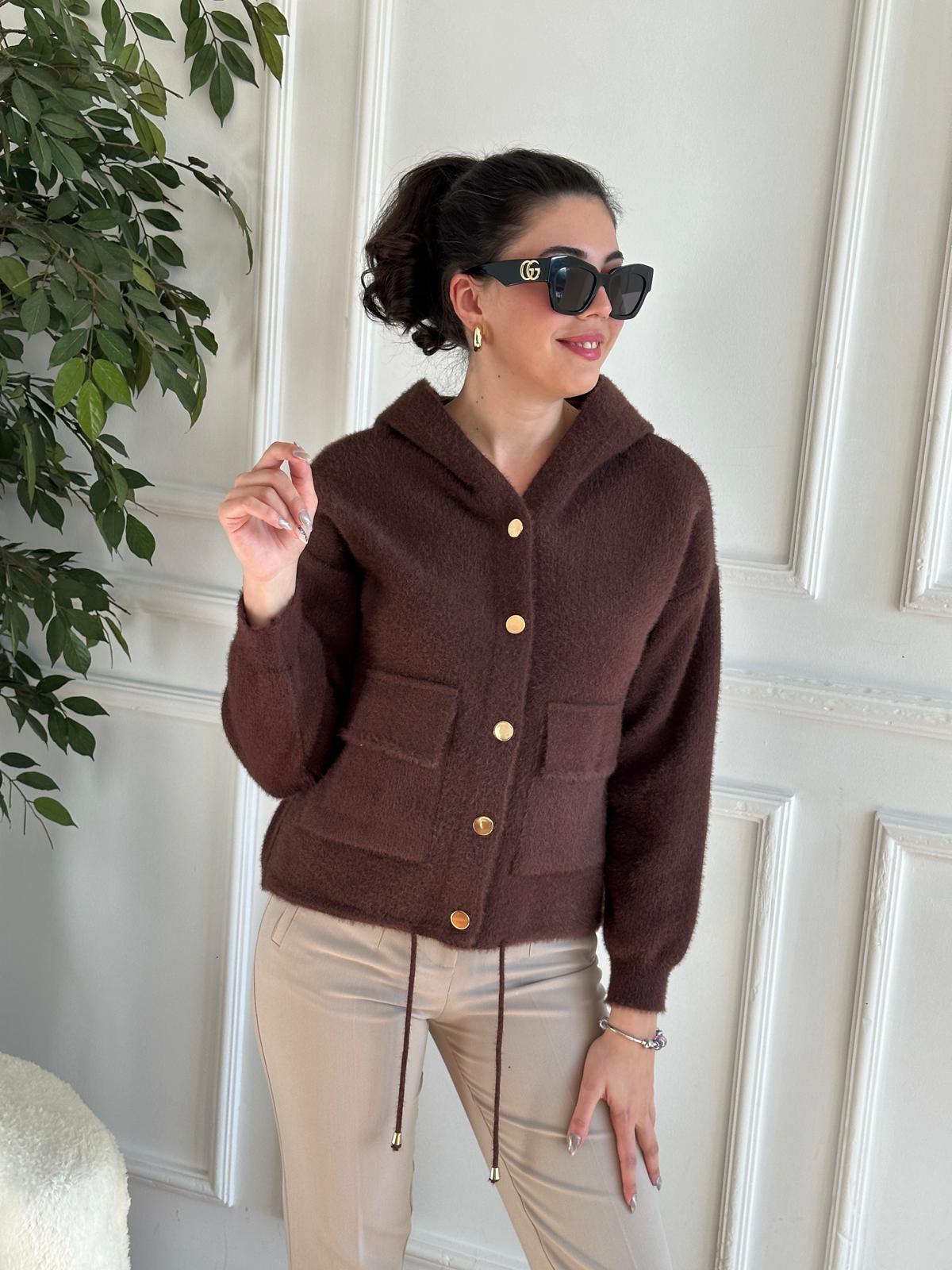 Kapşonlu Triko Hırka 24400 Koyu Kahve