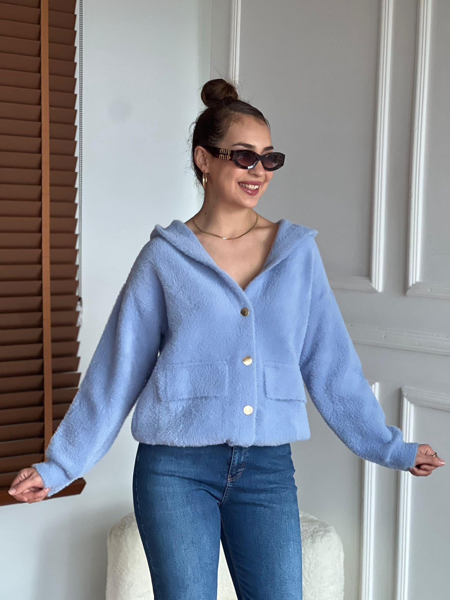 Kapşonlu Triko Hırka 24400 Mavi