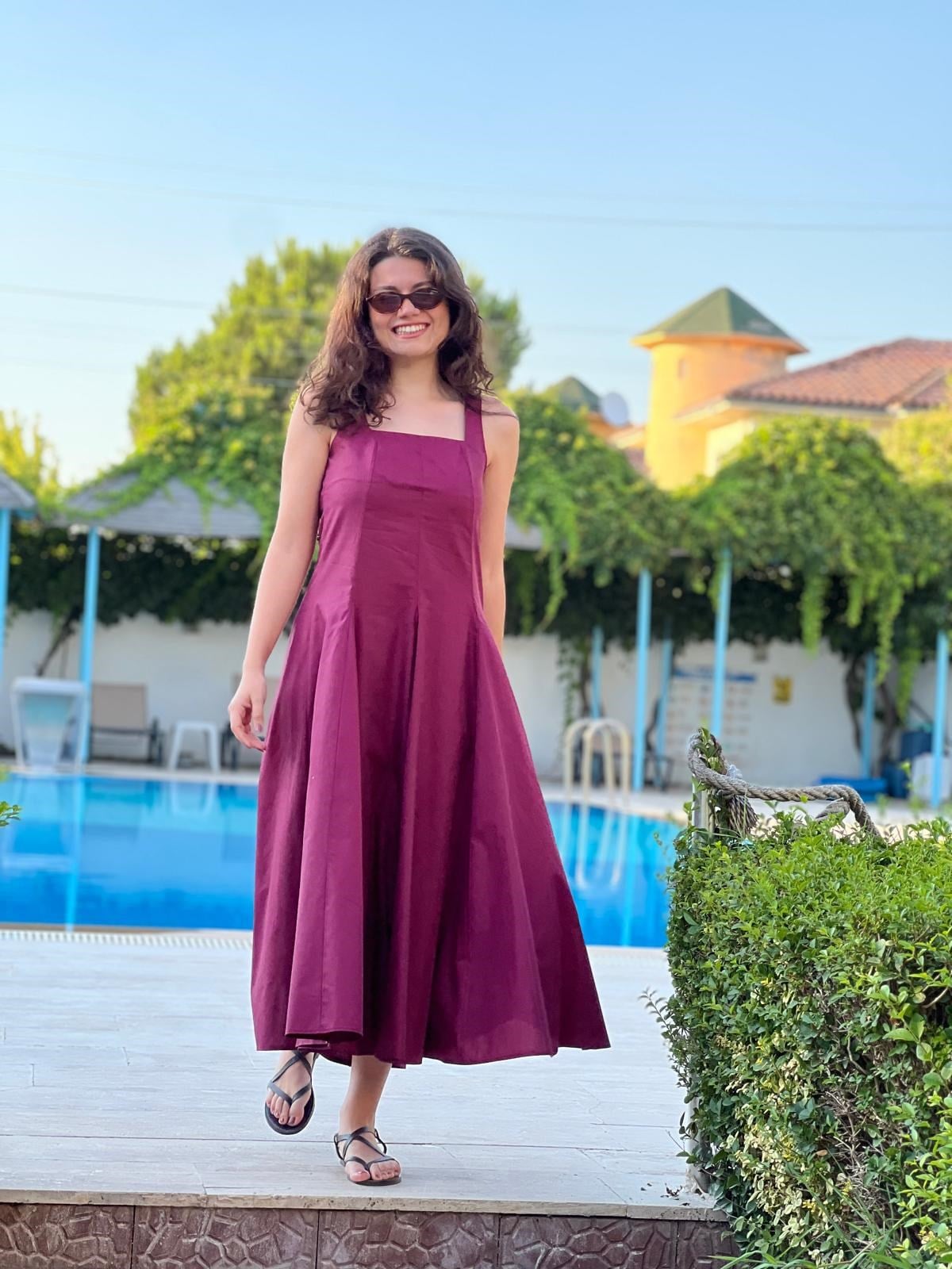 Kare Yaka Askılı Midi Elbise 90941 Bordo