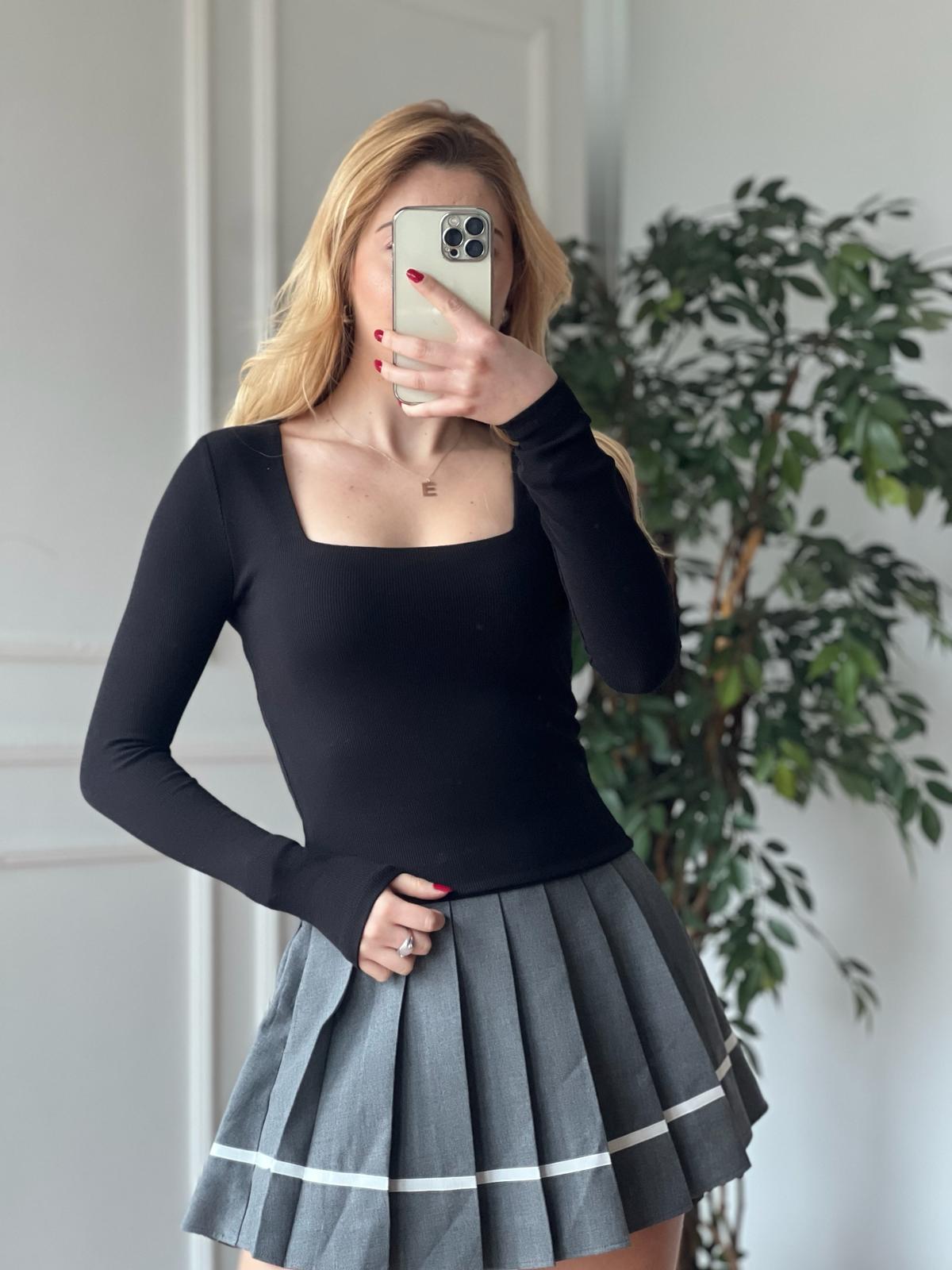 Kare Yaka Kaşkorse Bluz 3301 Siyah