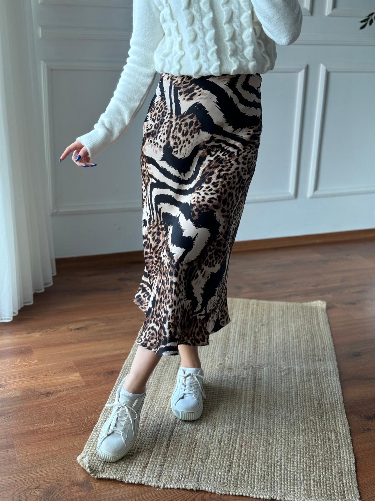 Karışık Leopar Desen Etek 24309 Camel