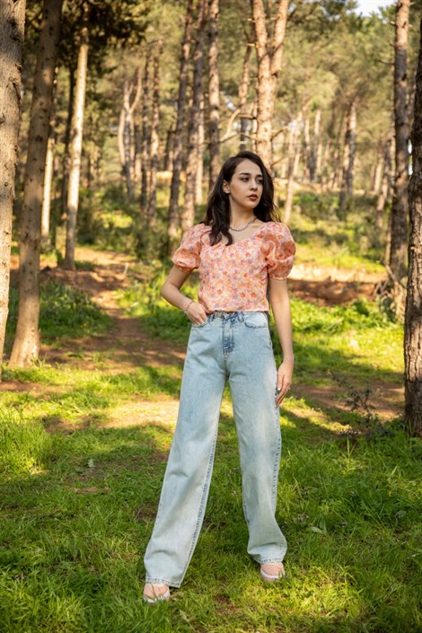 Karpuz Kol Çiçekli Bluz 25552 Orange