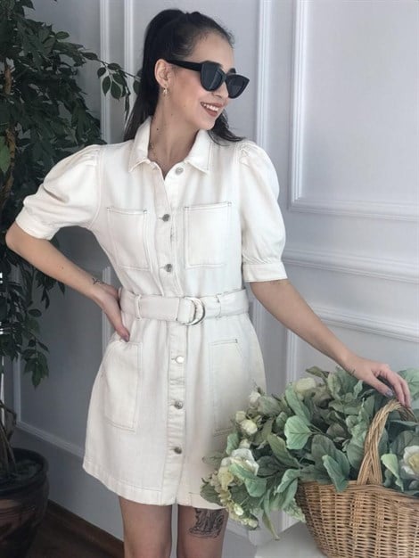 Karpuz Kol Kemerli Gabardin Elbise 25805 Ekru