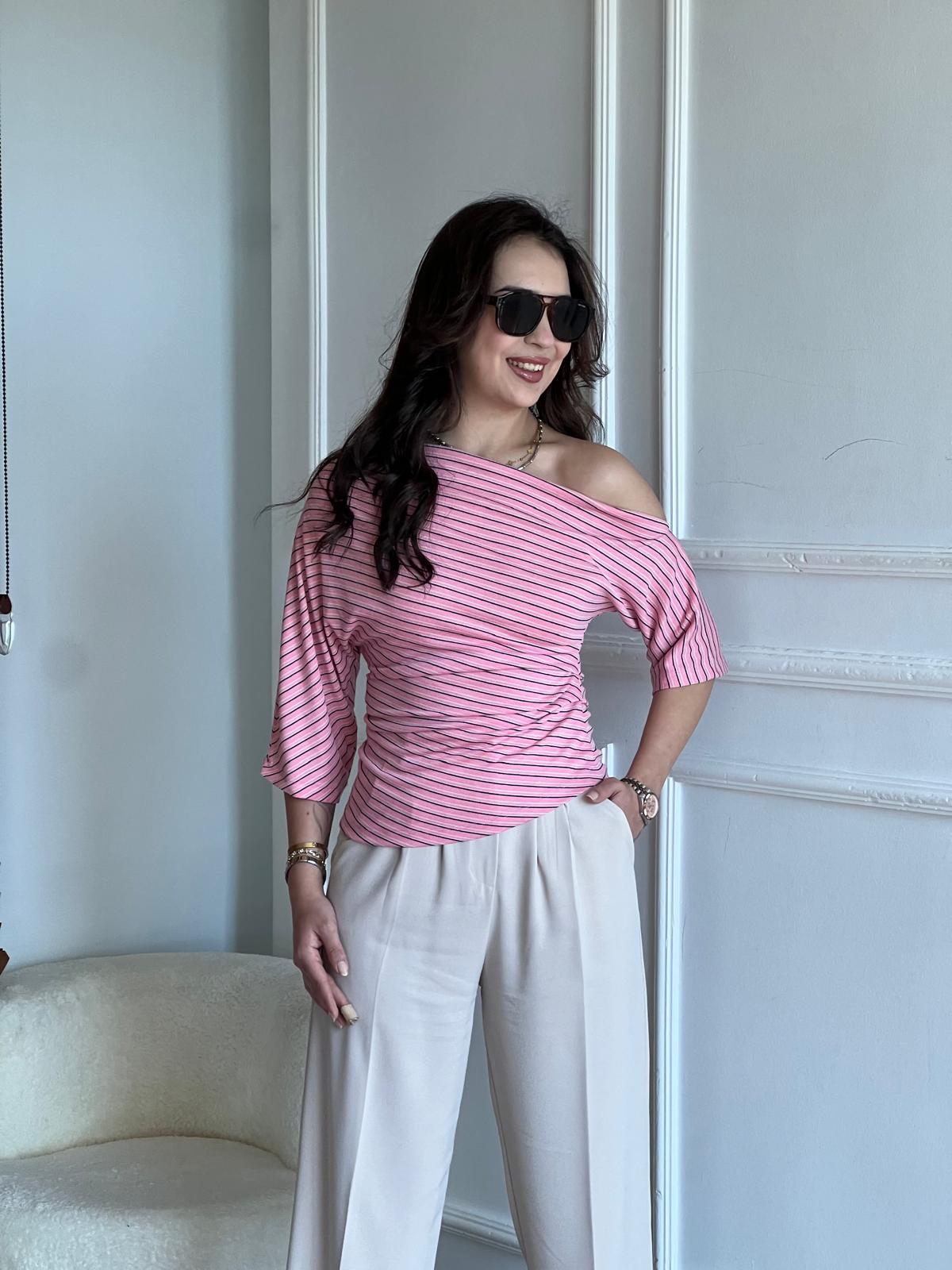 Kayık Yaka Asimetrik Top 26-2318 Pembe