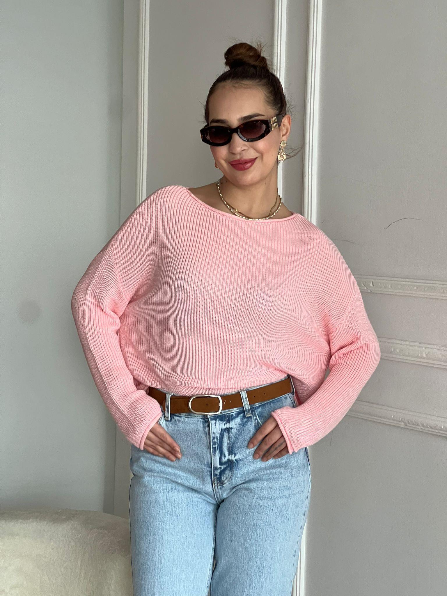 Kayık Yaka Basic Triko Kazak 10804 Açık Pembe