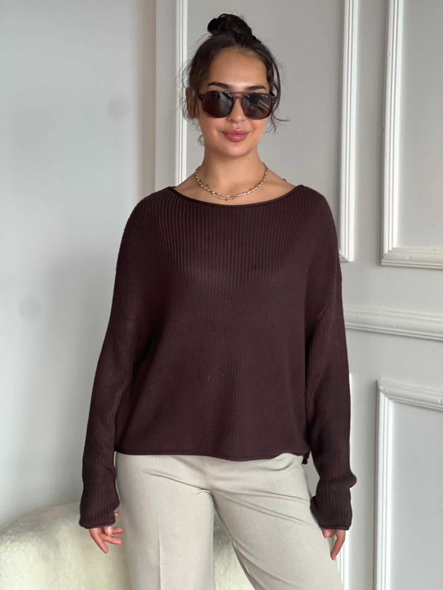 Kayık Yaka Basic Triko Kazak 10804 Koyu Kahve