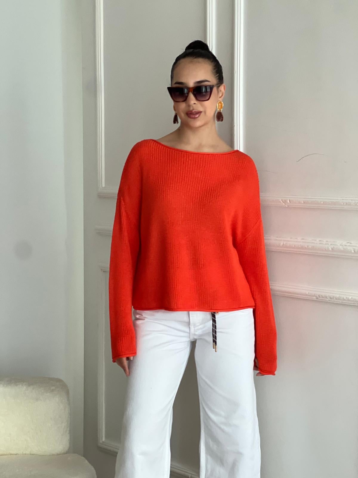 Kayık Yaka Basic Triko Kazak 10804 Oranj