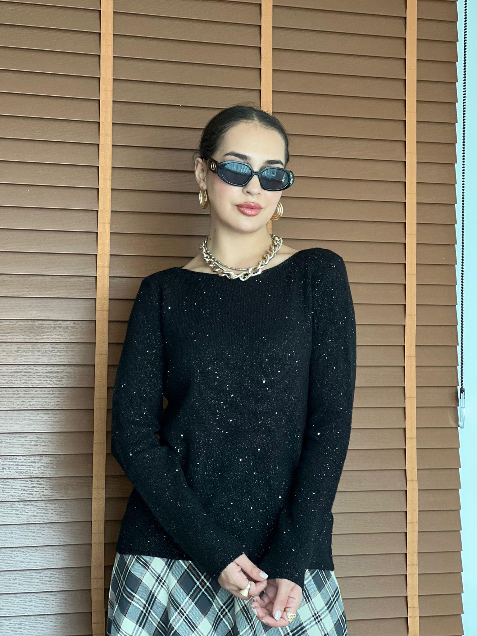 Kayık Yaka Pullu Simli Triko Kazak 10836 Siyah