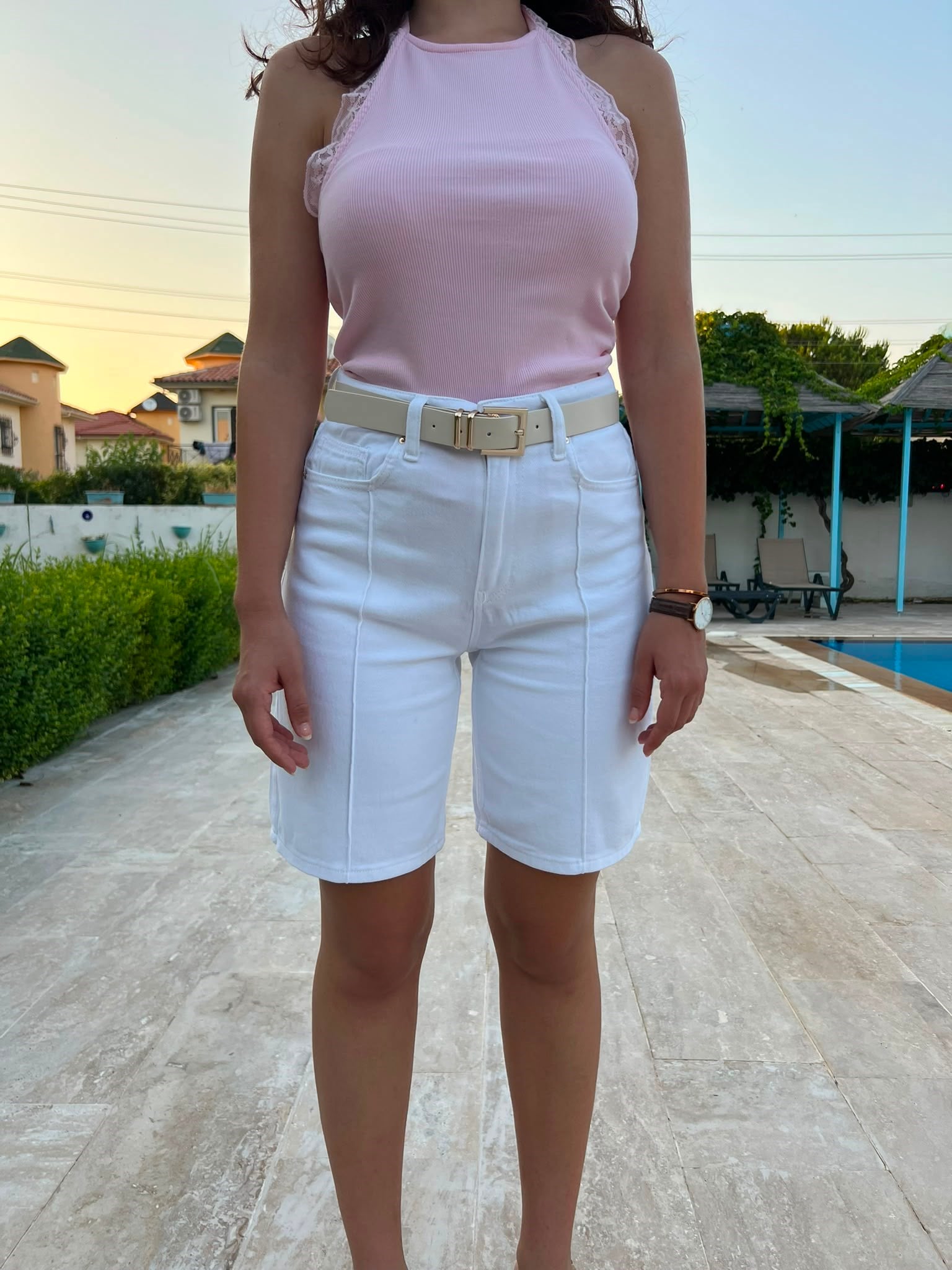 Kemerli Bermuda Kot Şort 1038 Beyaz