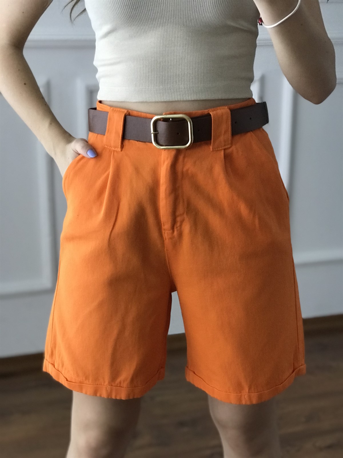 Kemerli Gabardin Şort 4710 Orange