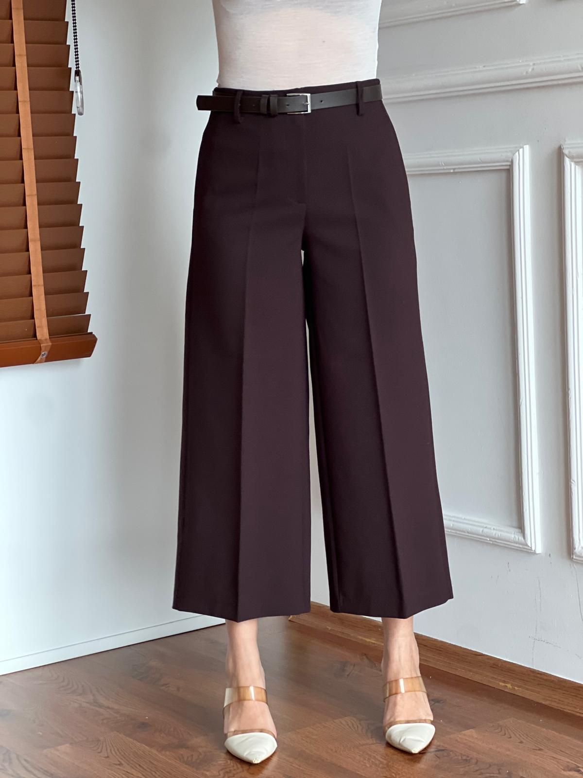 Kemerli Kısa Bol Paça Pantolon 17355 Koyu Kahve