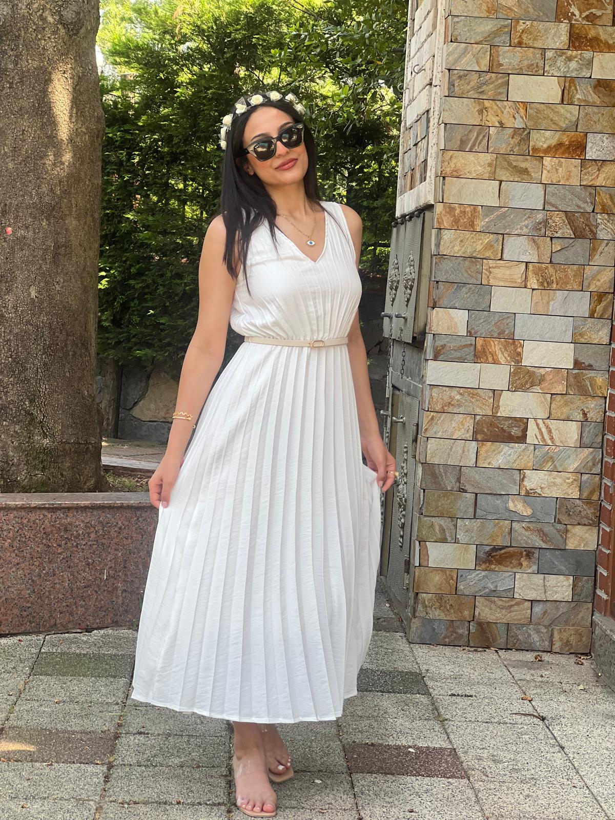Kemerli Pliseli Elbise 6305 Beyaz