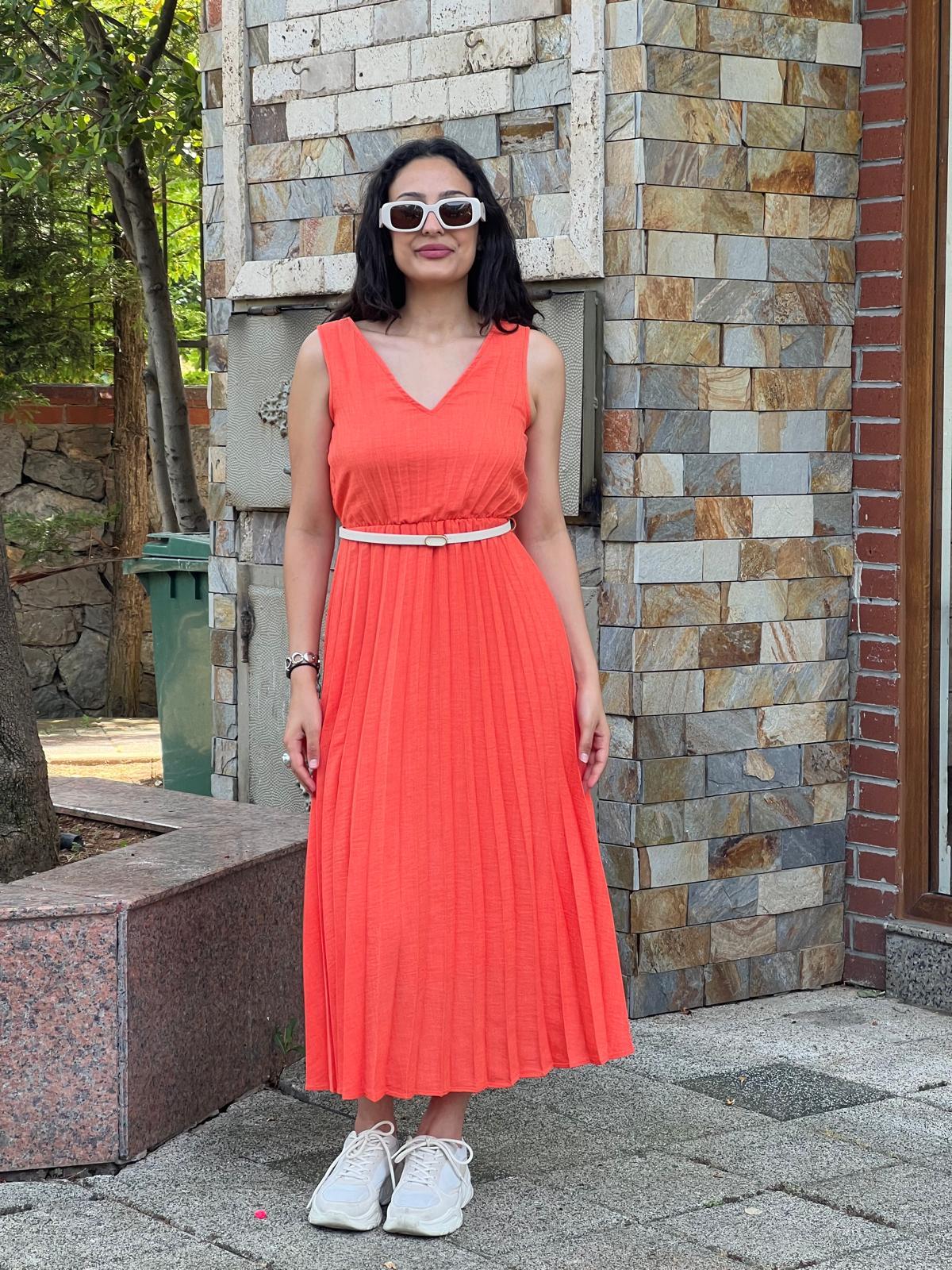 Kemerli Pliseli Elbise 6305 Oranj