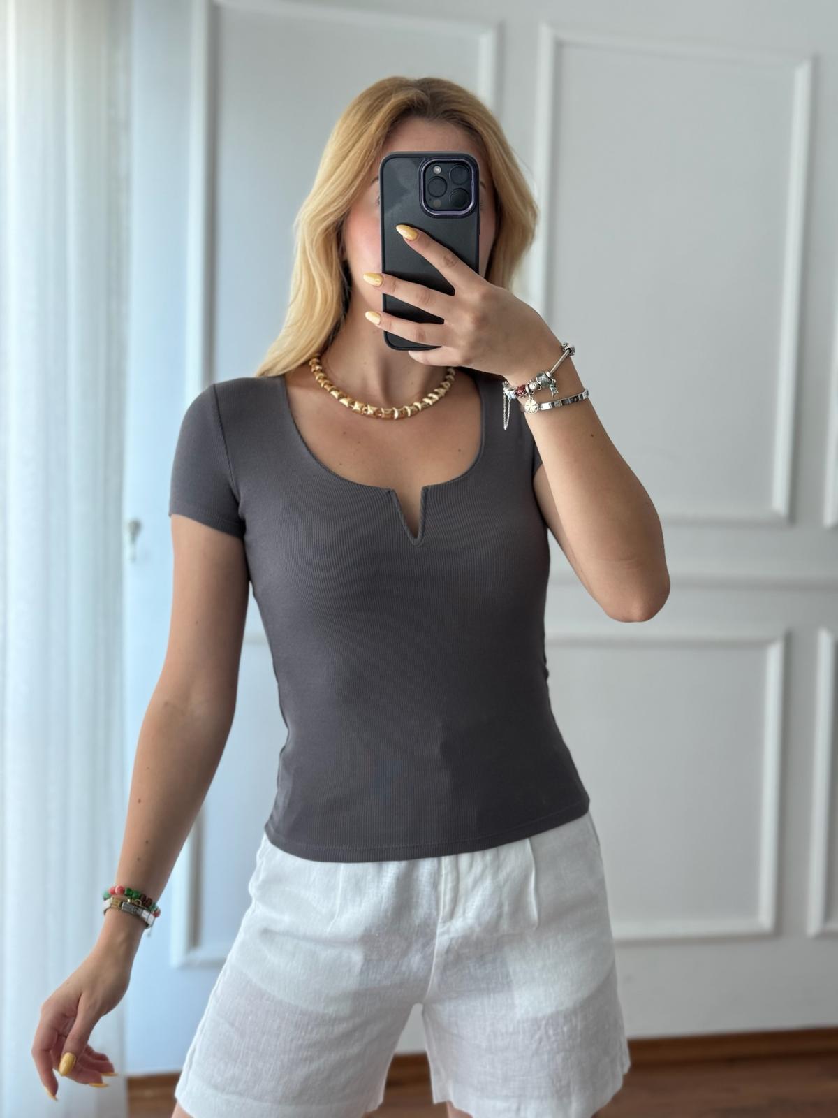 Kısa Kol Damla Yaka Bluz 3692 Antrasit