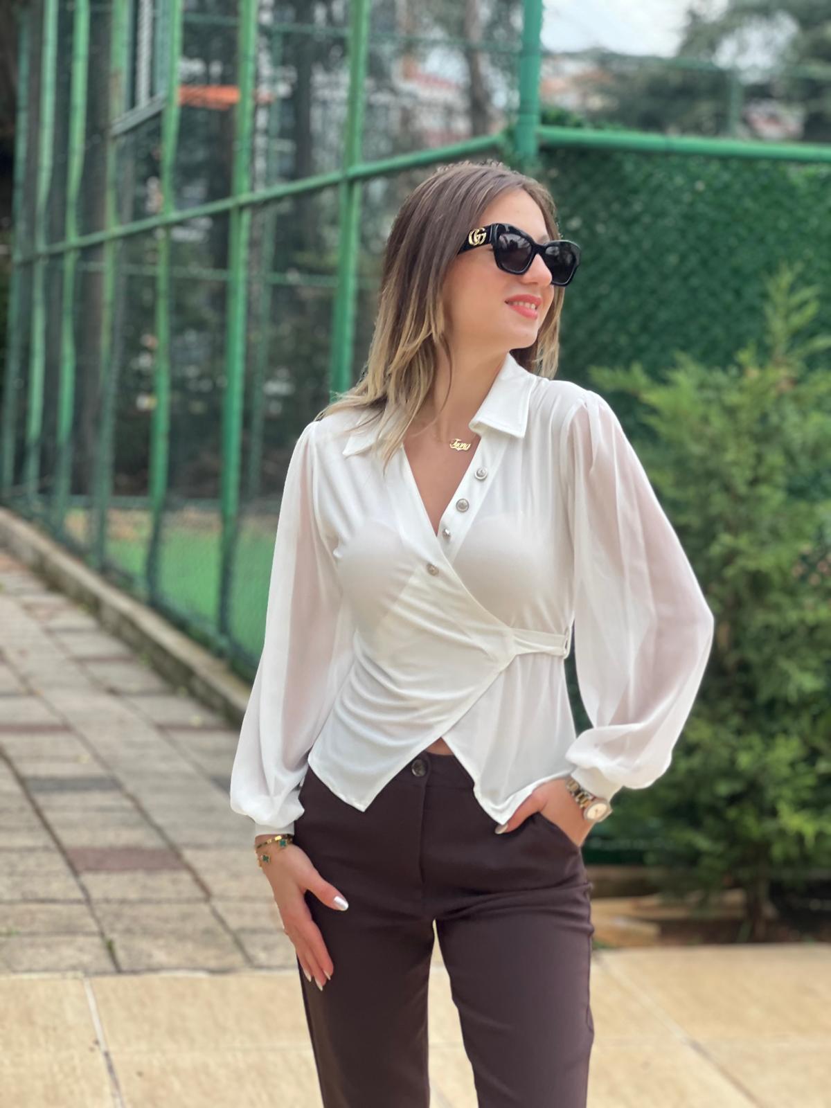 Kolları Tül Kruvaze Gömlek 2723 Ekru