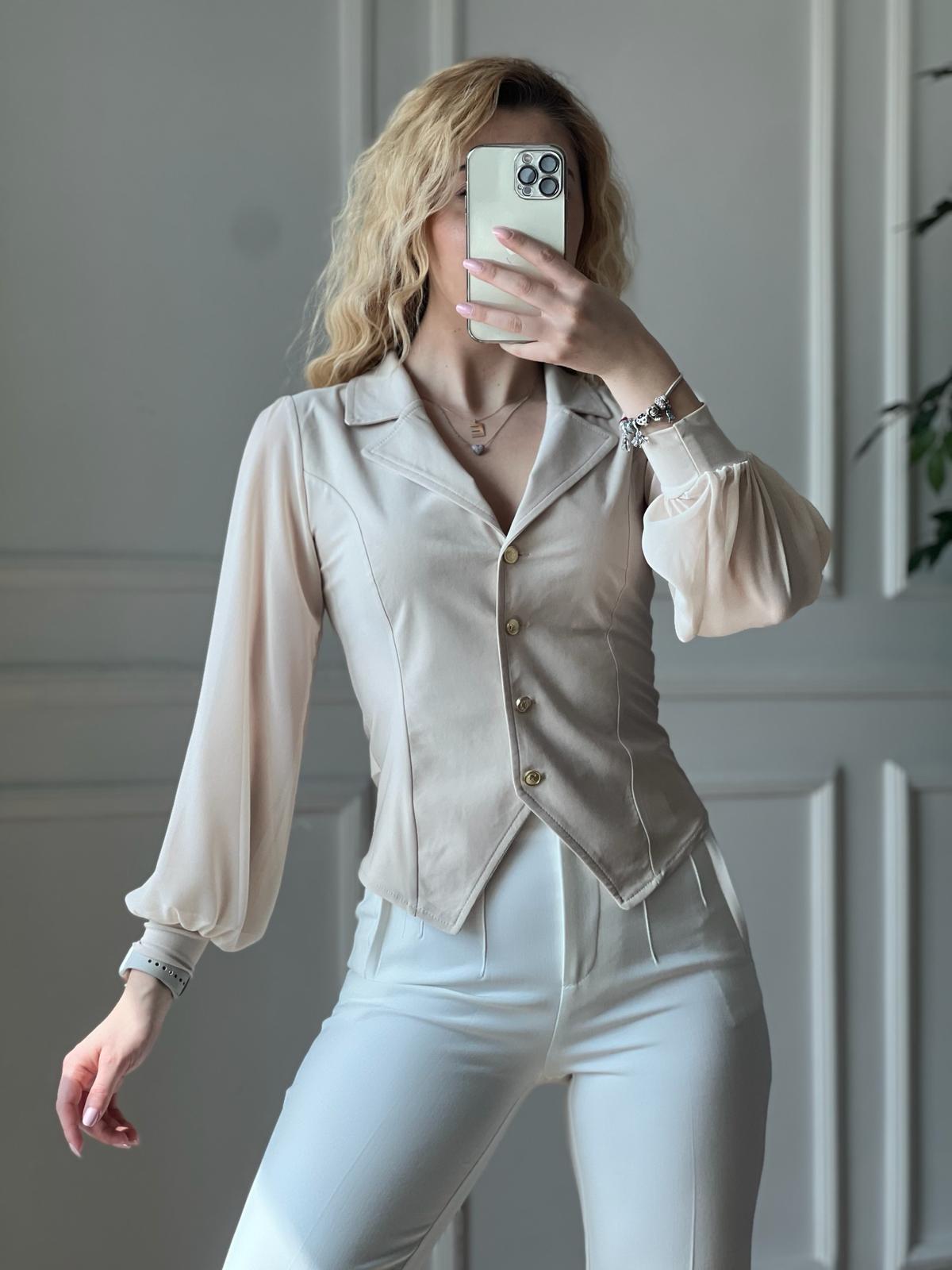 Kolları Tül Yakalı Gömlek 2643 Bej