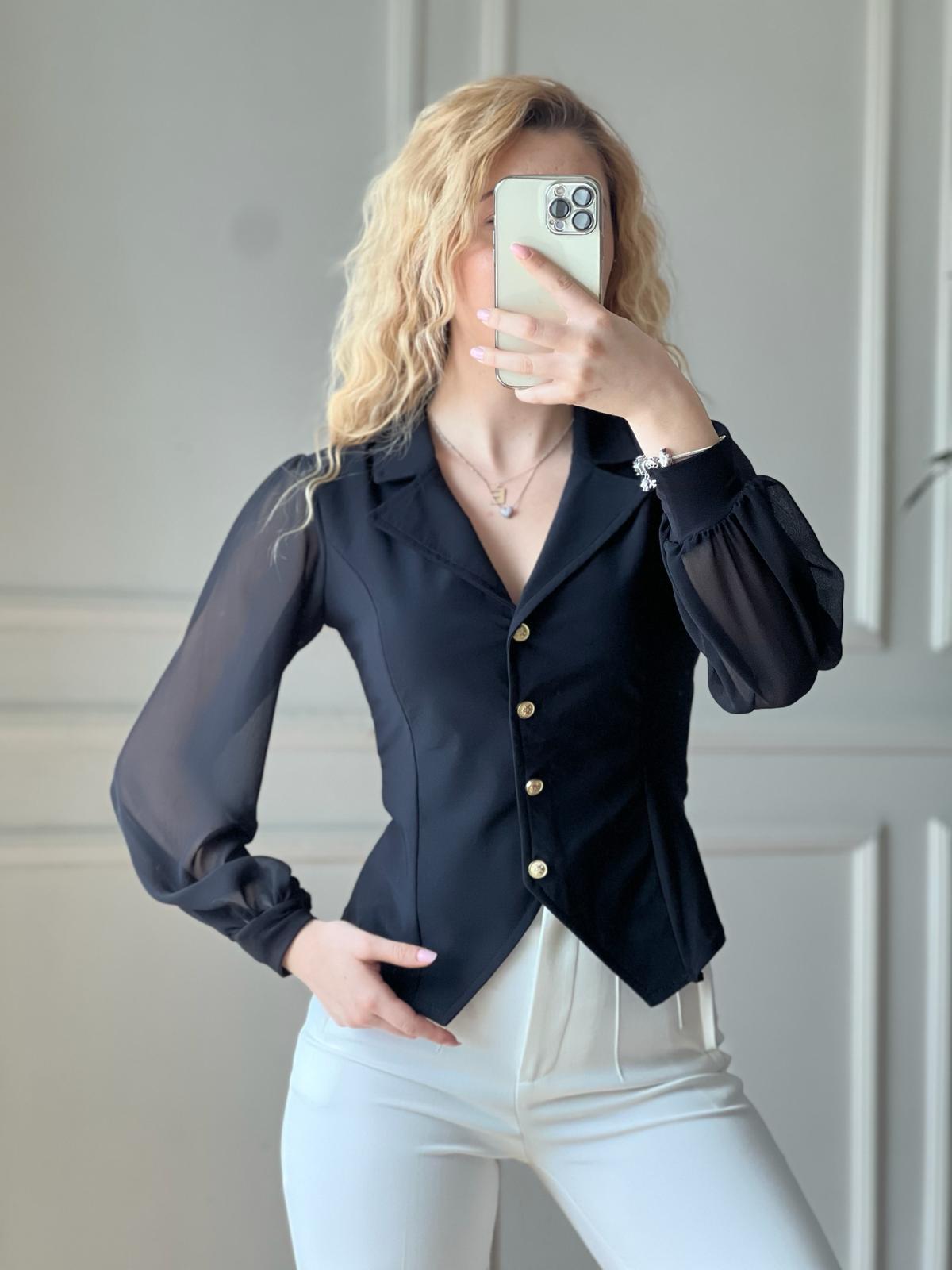 Kolları Tül Yakalı Gömlek 2643 Siyah