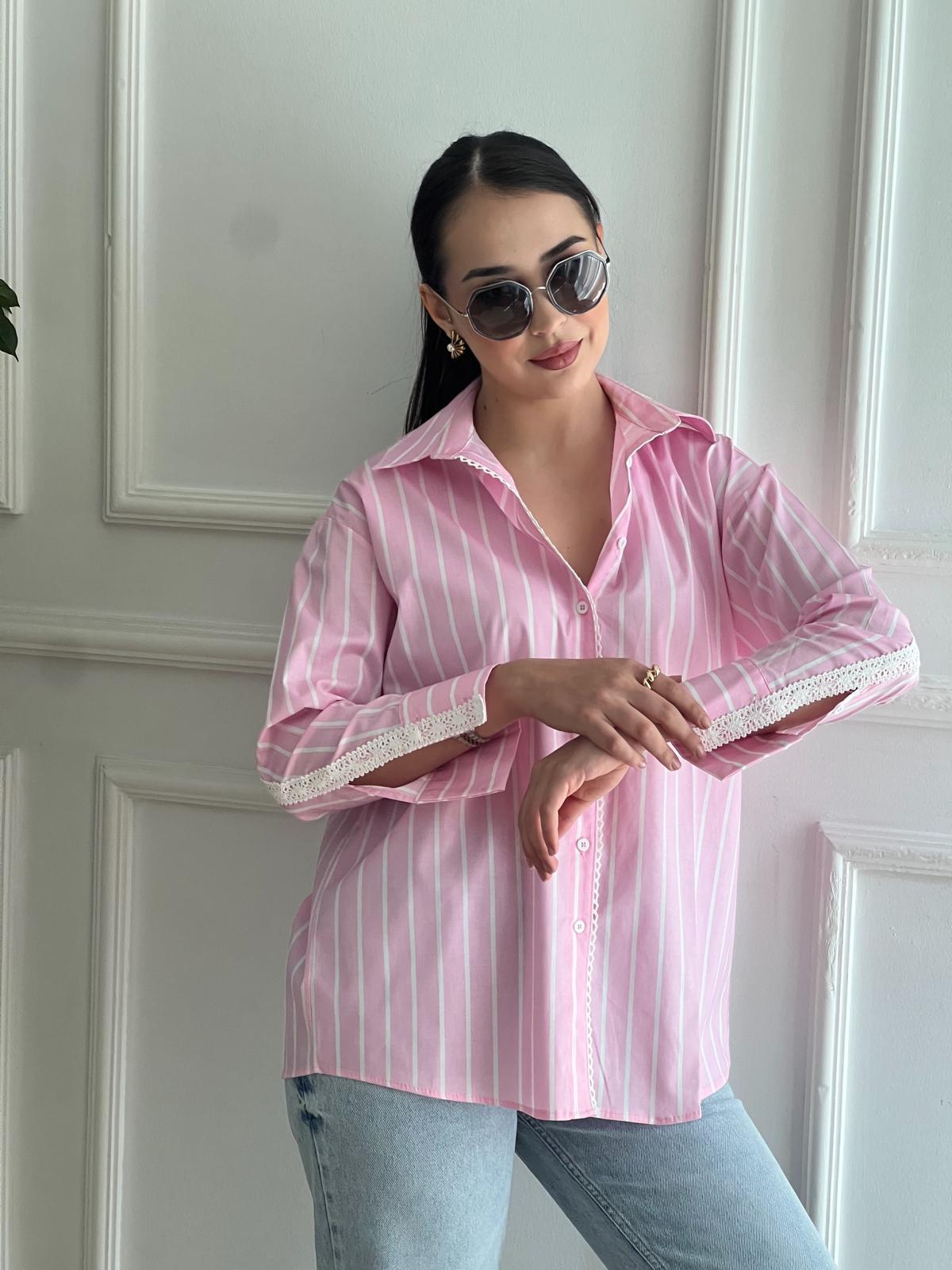 Kolu Dantelli Çizgili Gömlek 16613 Pembe