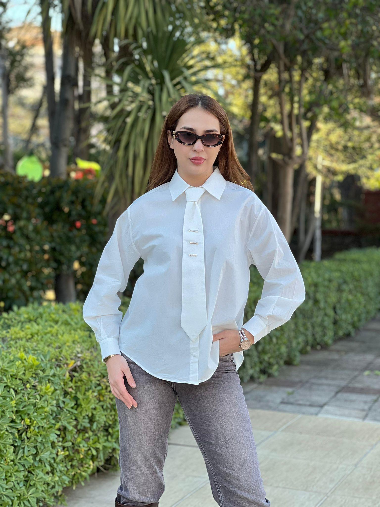 Kravatlı Poplin Gömlek 26092 Ekru