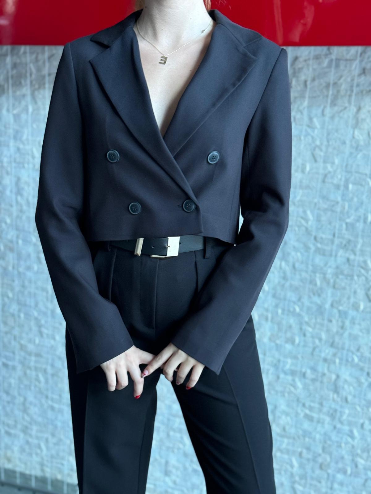 Kruvaze Düğmeli Crop Blazer Ceket 60742 Siyah