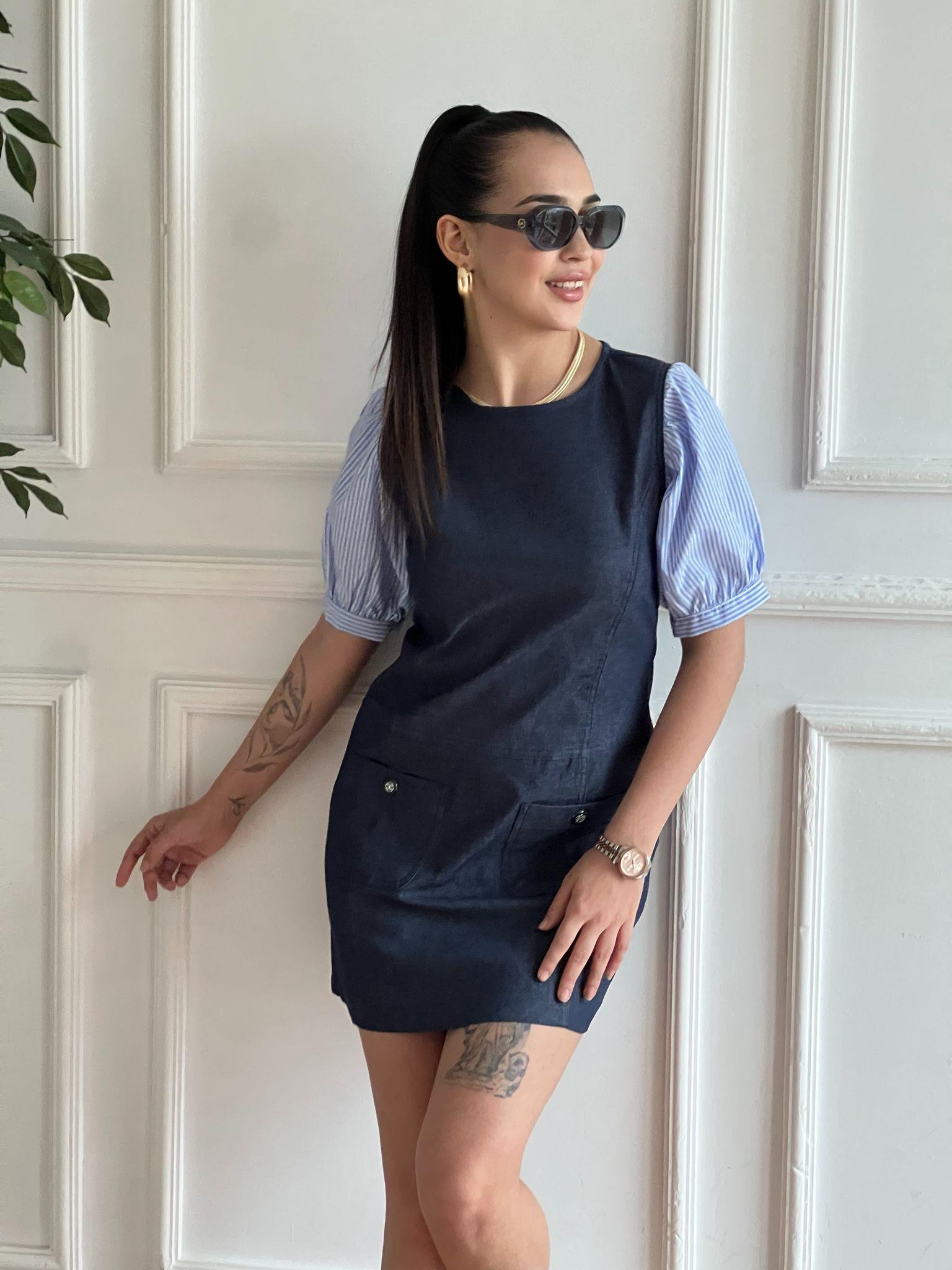 Kumaş Garnili Kot Elbise 29903 Mavi