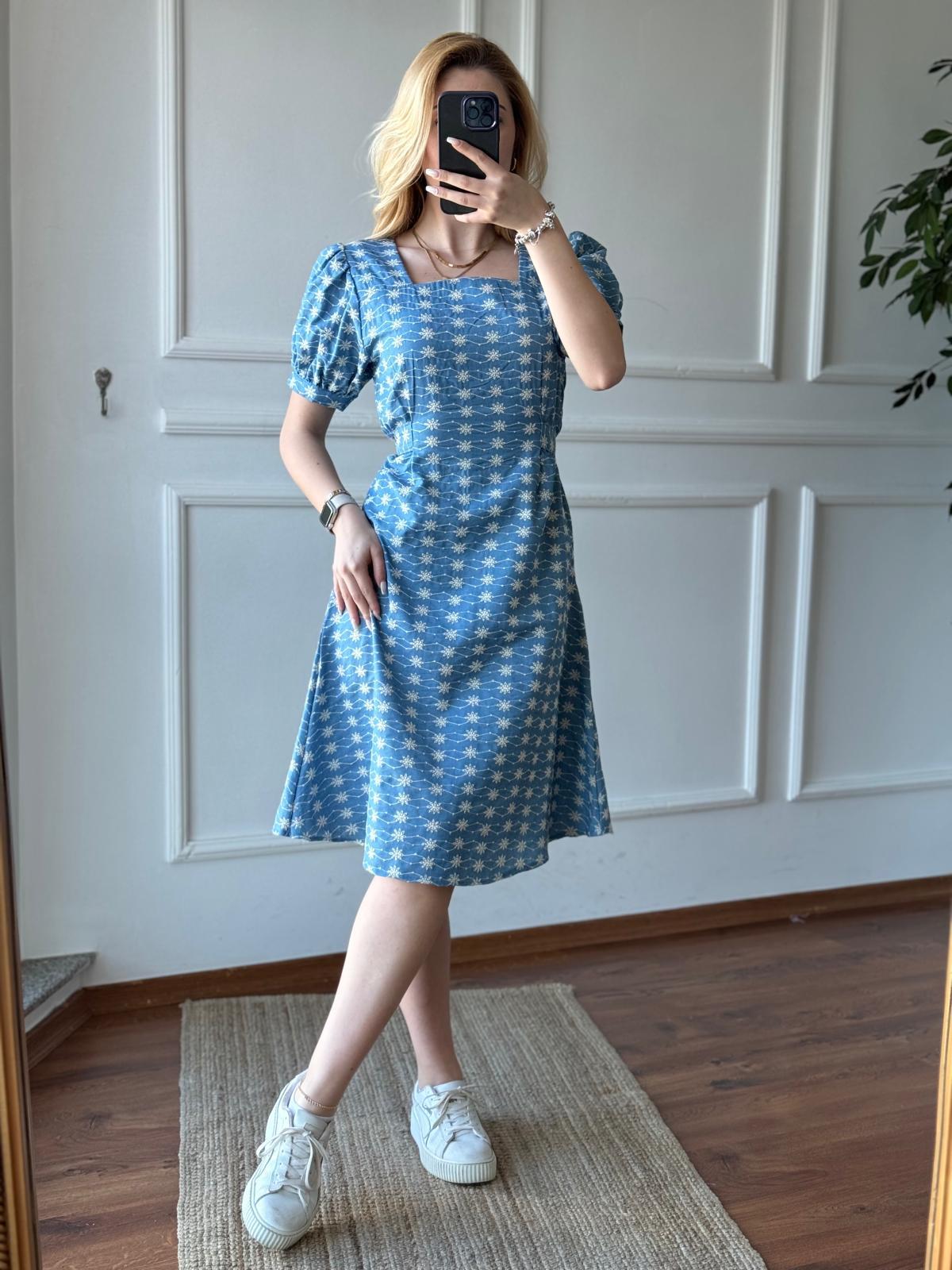 Kuşaklı Çiçek İşlemeli Elbise 28632 Açık Mavi