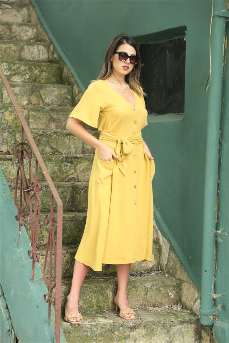 Kuşaklı Düğmeli Keten Elbise 2489 Hardal