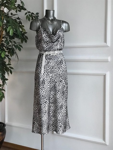 Leopar Desen Askılı Saten Elbise 23263 Ekru