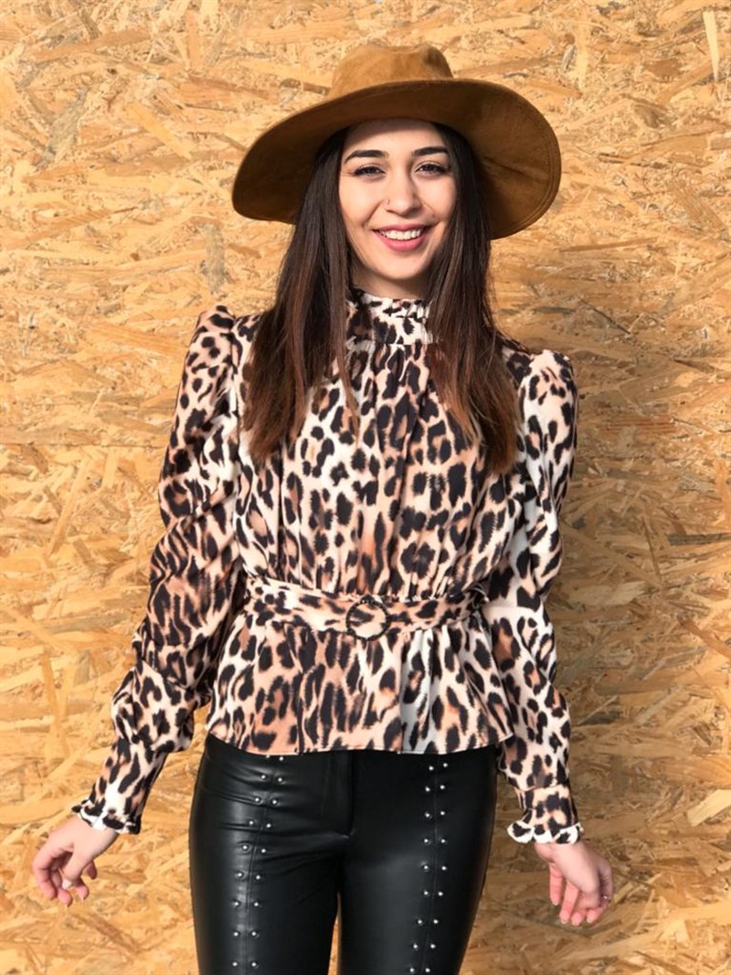 Leopar Desen Balon Kol Bel Kemerli Bluz 192261 Siyah
