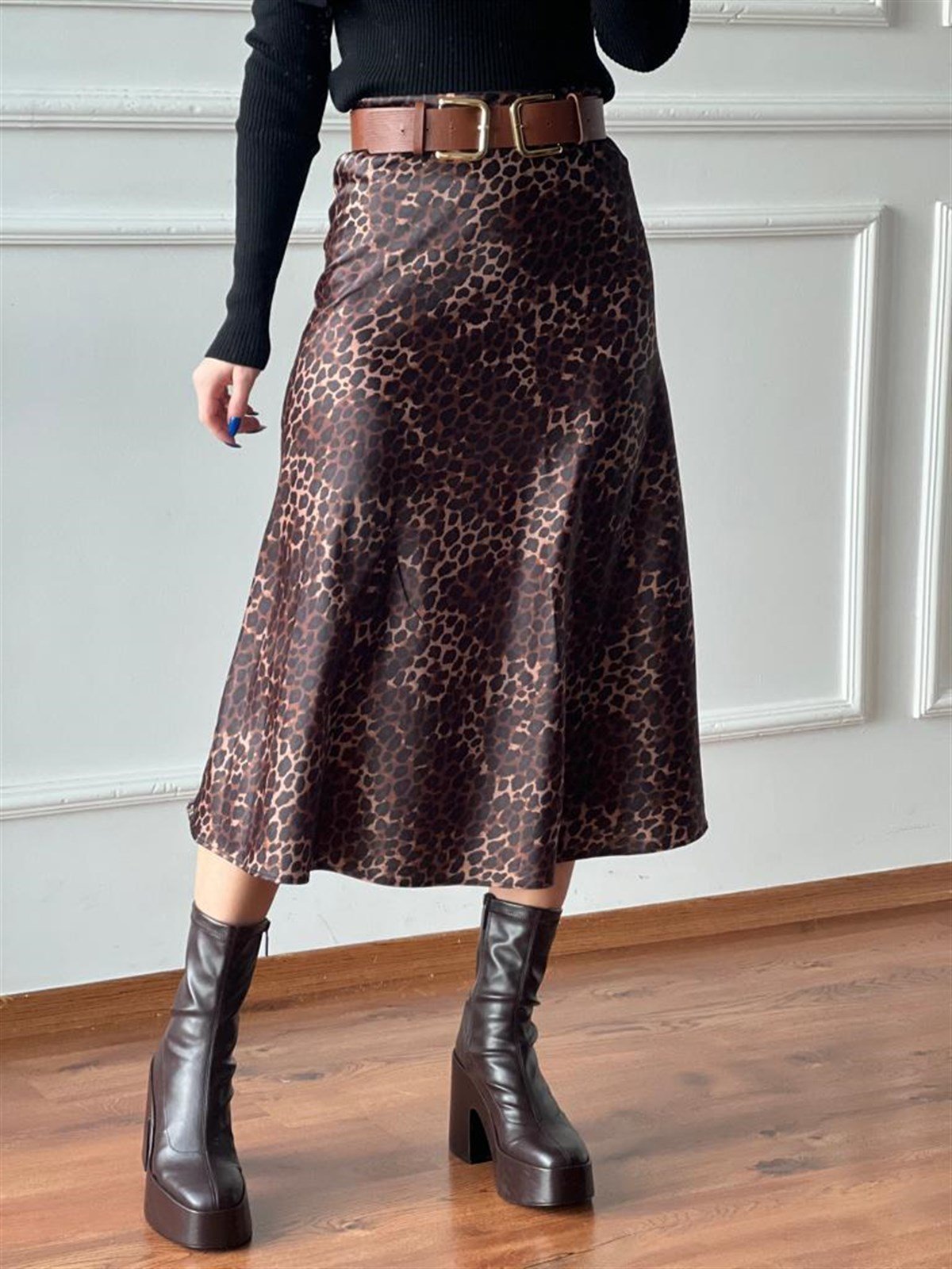 Leopar Desen Floş Saten Etek 10030 Camel