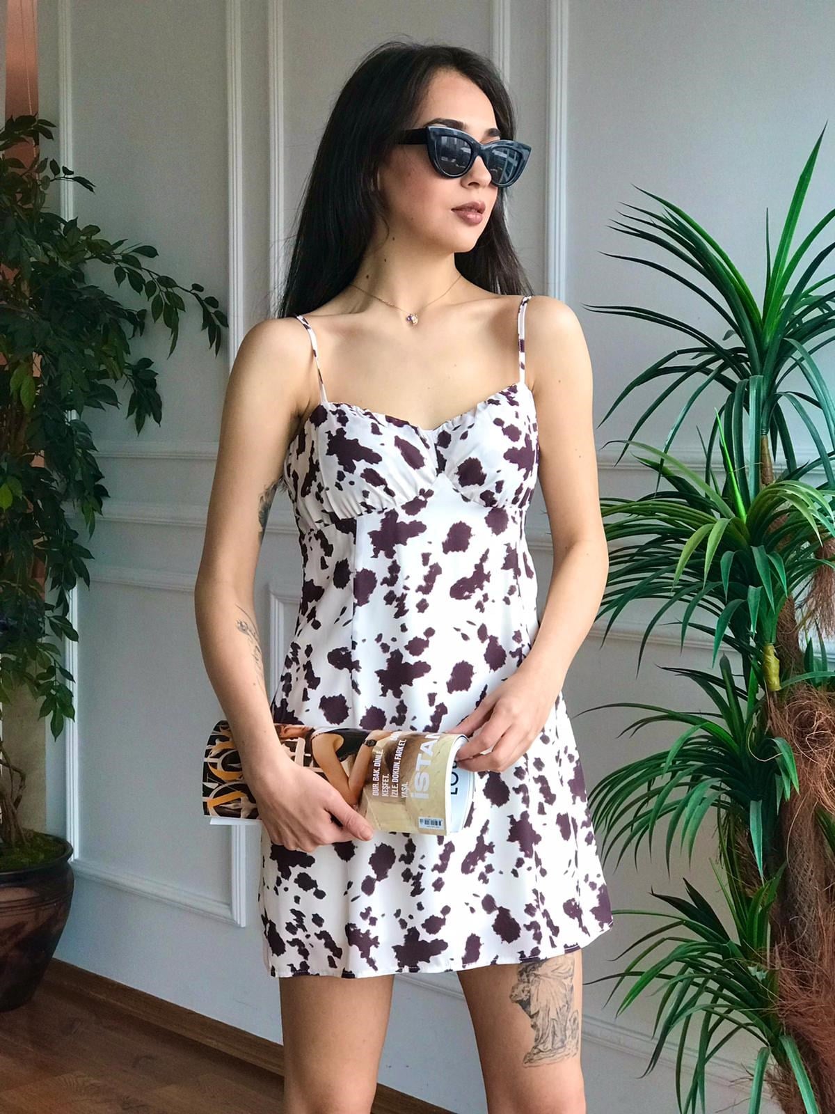 Leopar Desenli Elbise 6358 Ekru