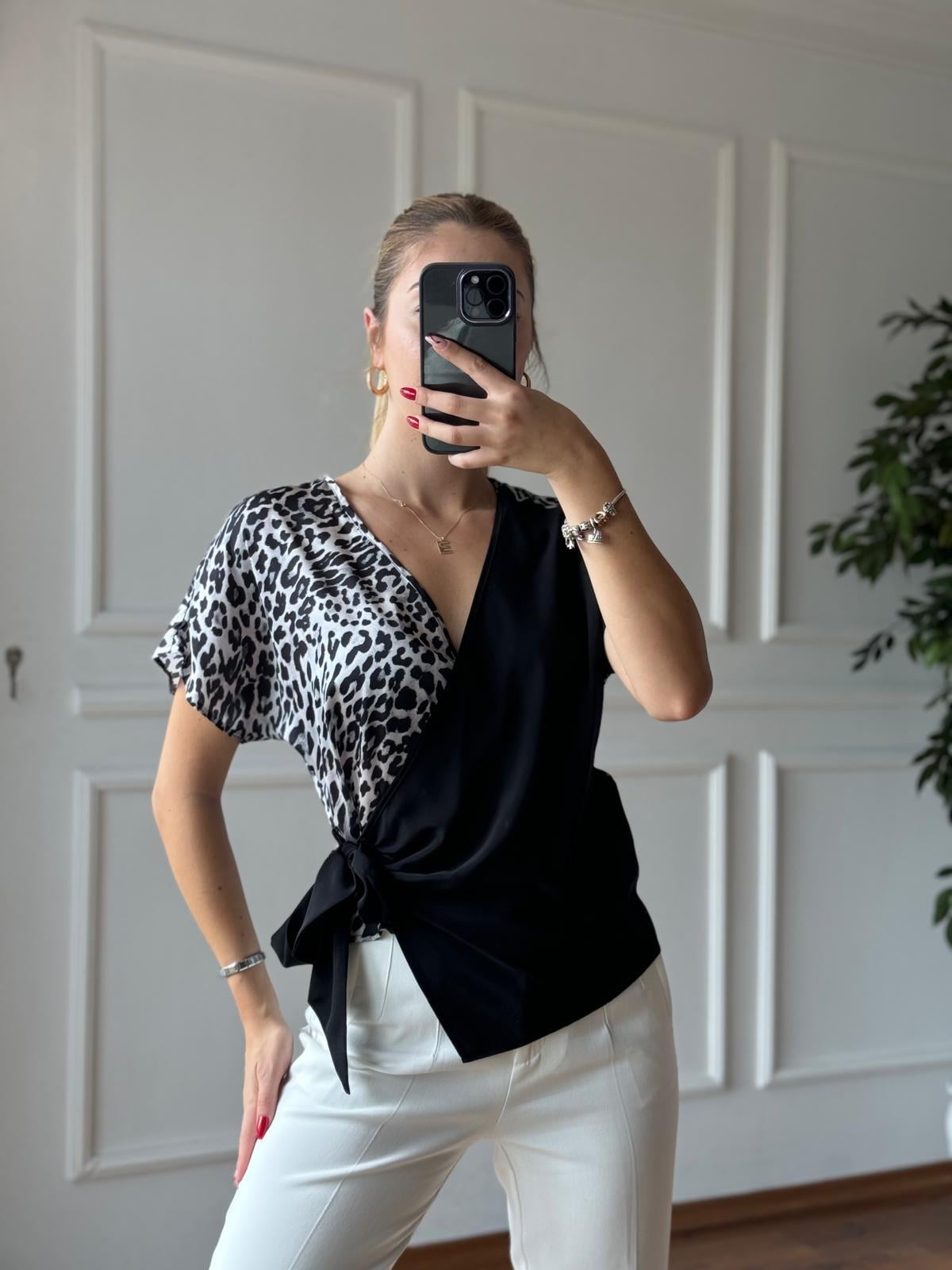 Leopar Garnili Bağlamalı Bluz 3055 Siyah