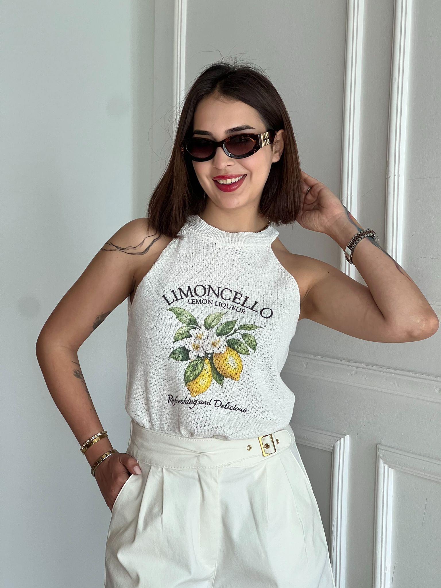 Limon Baskılı Halter Yaka Triko Bluz 261059 Ekru