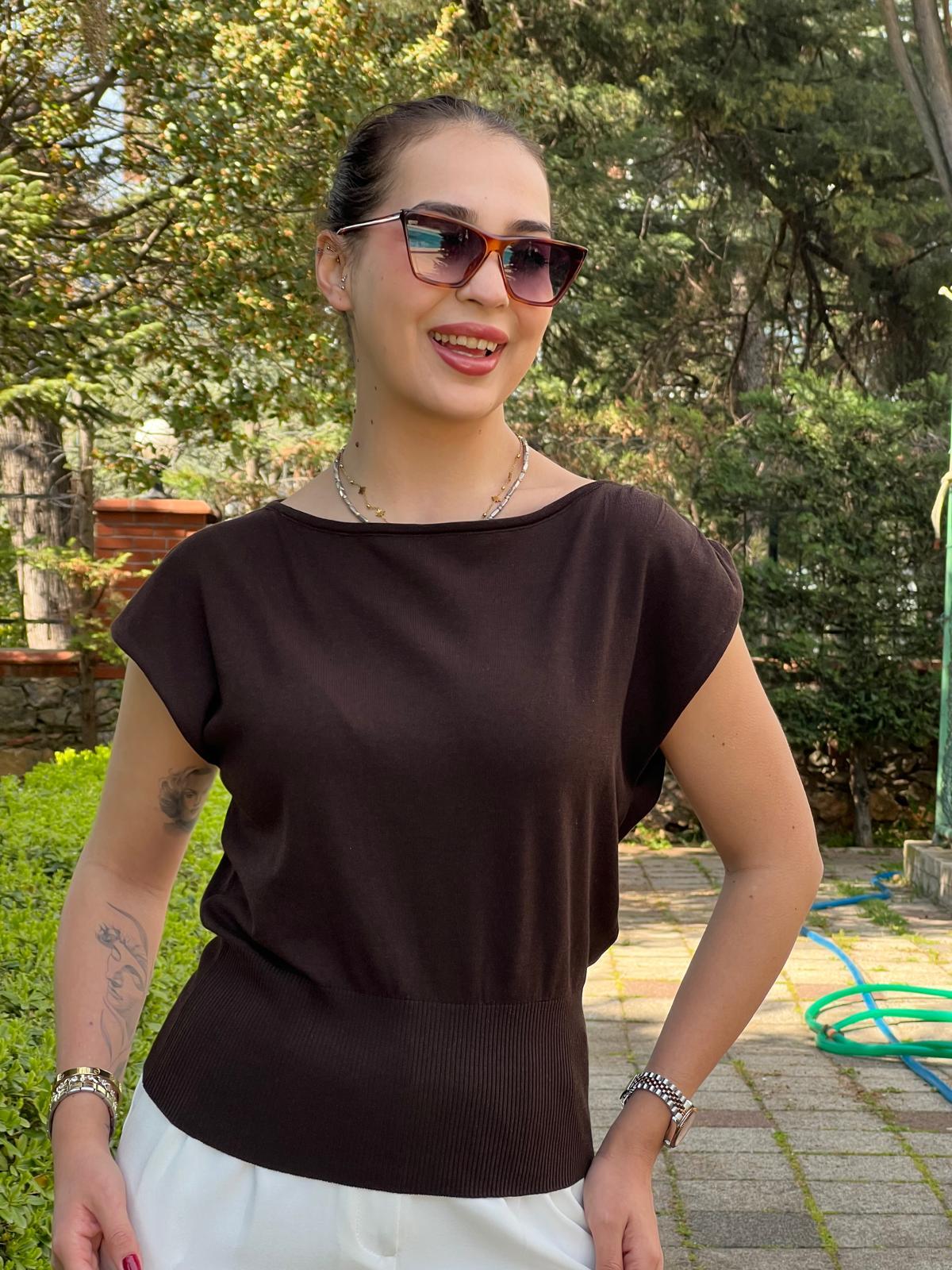 Liyosel Karışımlı Dökümlü Bluz 10870 Koyu Kahve
