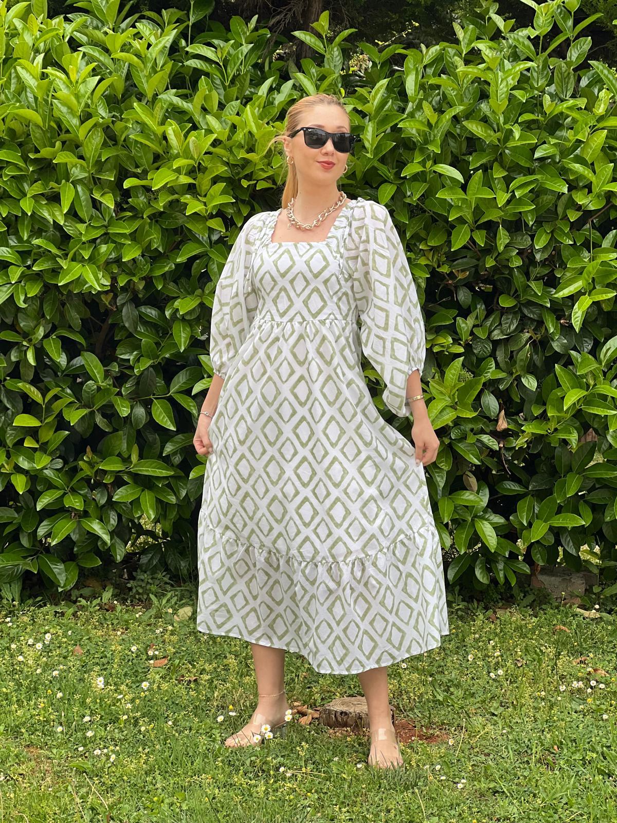 Madonna Yaka Desenli Elbise 2906 Yeşil