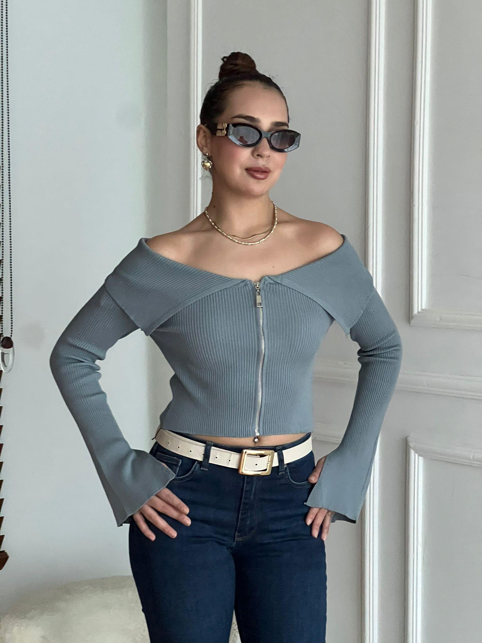 Madonna Yaka Fermuarlı Triko 4345 Gri