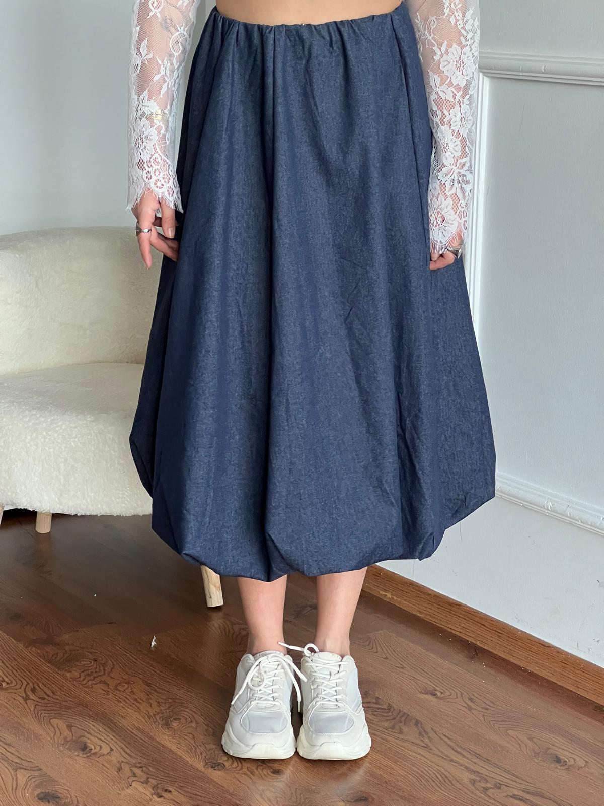 Midi Boy Balon Denim Etek 29861 Mavi