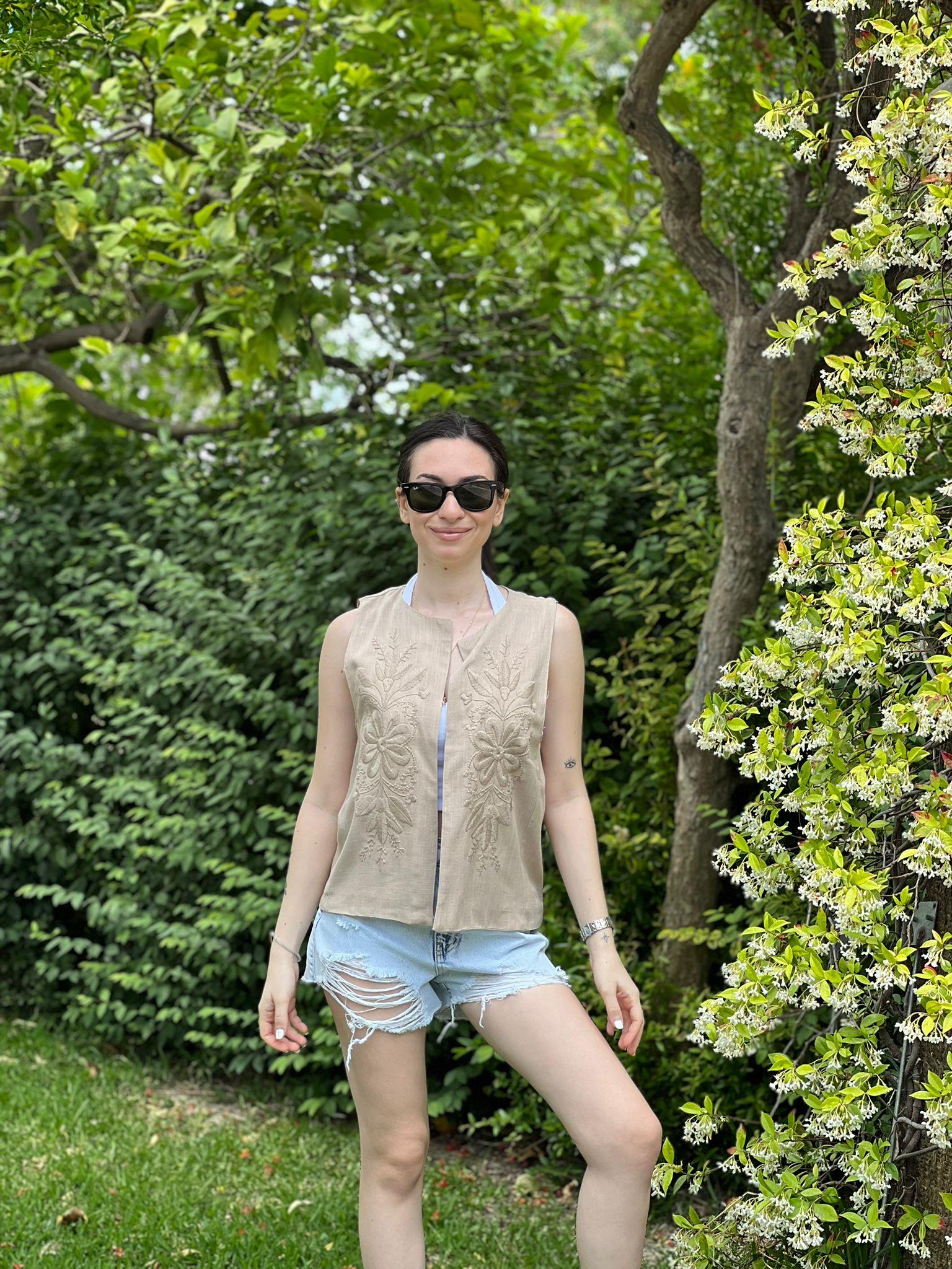 Nakışlı Keten Yelek 2541 Bej