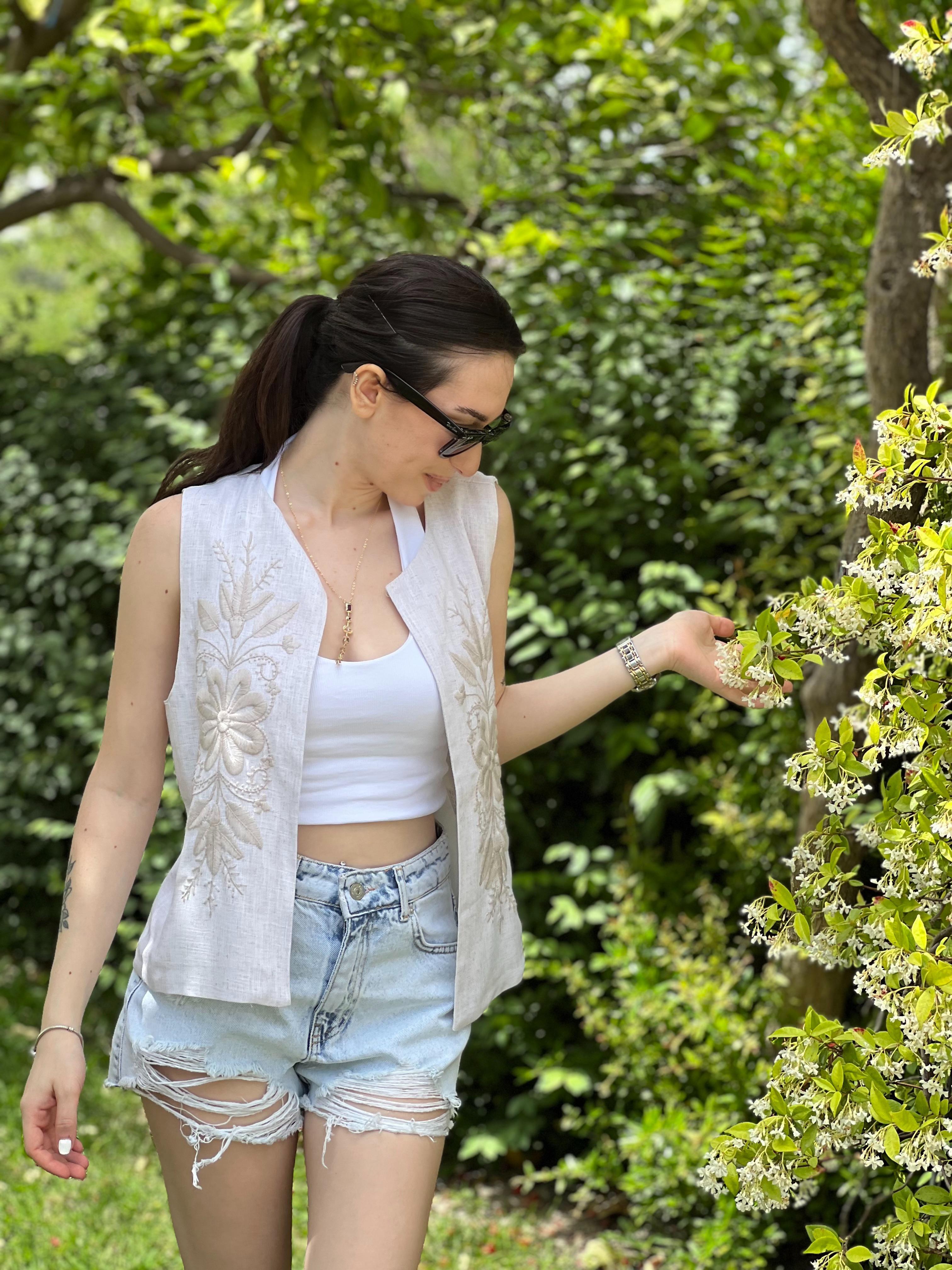 Nakışlı Keten Yelek 2541 Taş