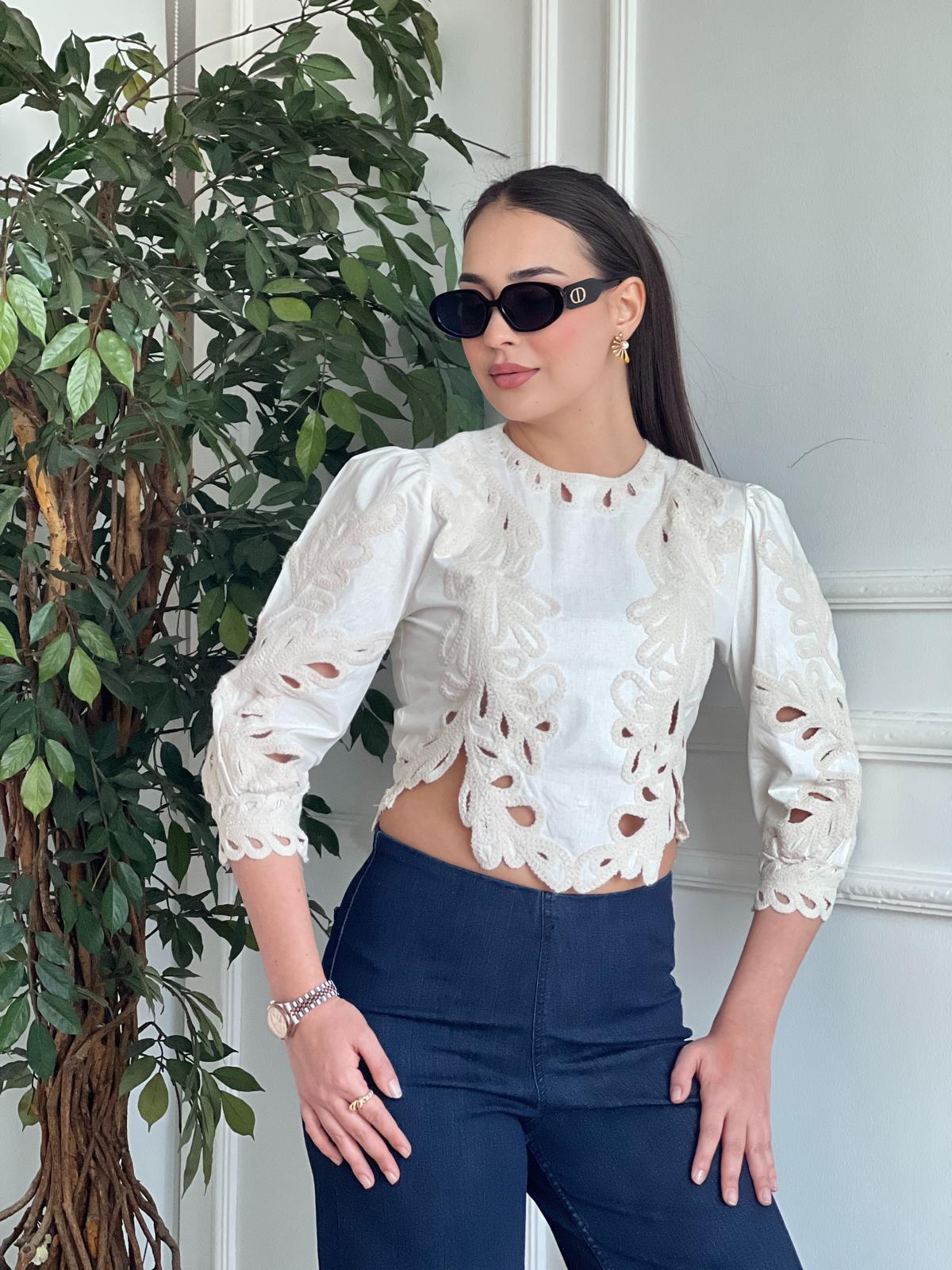 Nakışlı Kısa Bluz 5DGML025 Bej