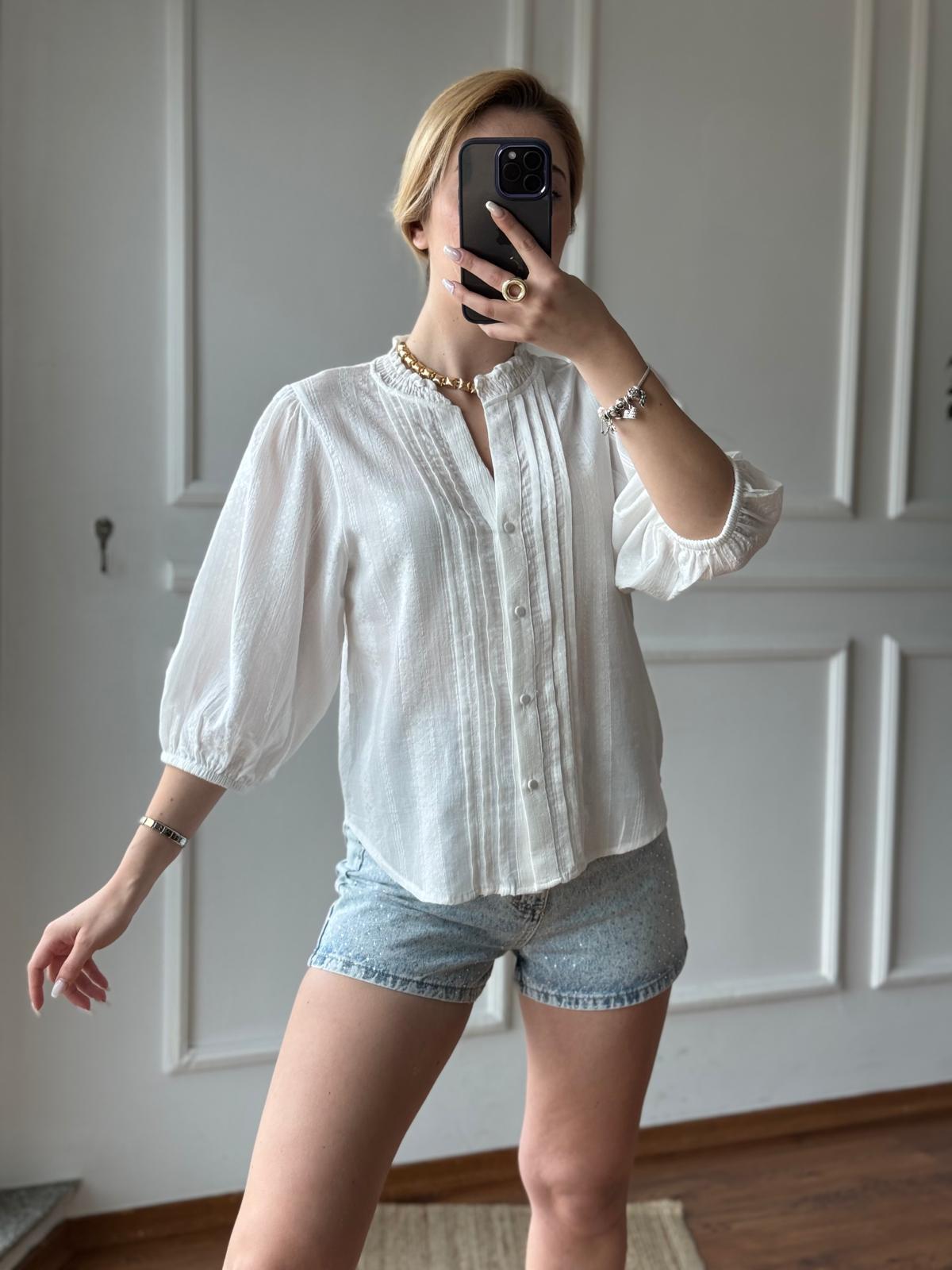 Nervür Detaylı Balon Kol Gömlek 5807 Ekru